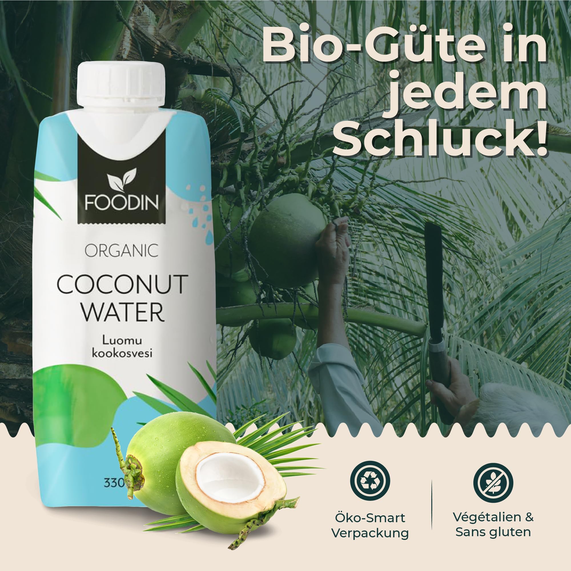 Foodin Bio-Kokoswasser – 100% natürliches Kokosnusswasser mit Elektrolyten – glutenfrei, kalorienarm, fettfrei, vegan – 12er Pack (12 x 330ml)