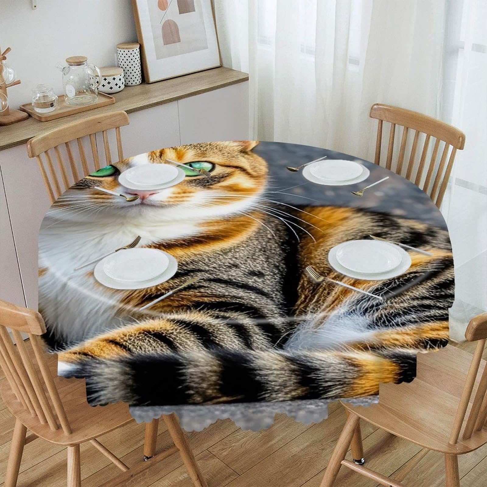 FekiLoot 60 Inch Round Cat Tablecloth Waterproof Heavy Duty Polyester Table Cloth Spill-Proof Wipeable Table Cover Decorative Circle Dining Tablecover for Party Outdoor