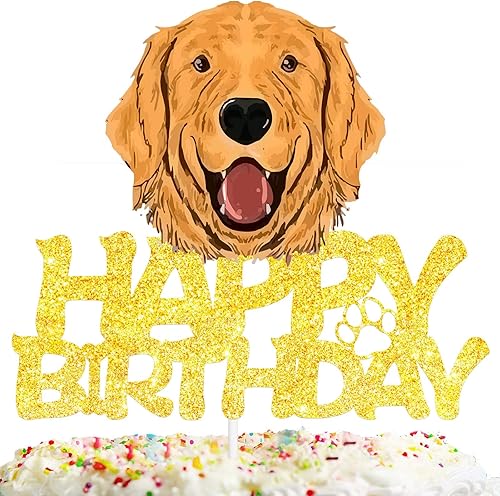 Golden Retriever - Decoración para tartas de cumpleaños con temática de cachorro, purpurina dorada, decoración de fiesta para mascotas, perros,