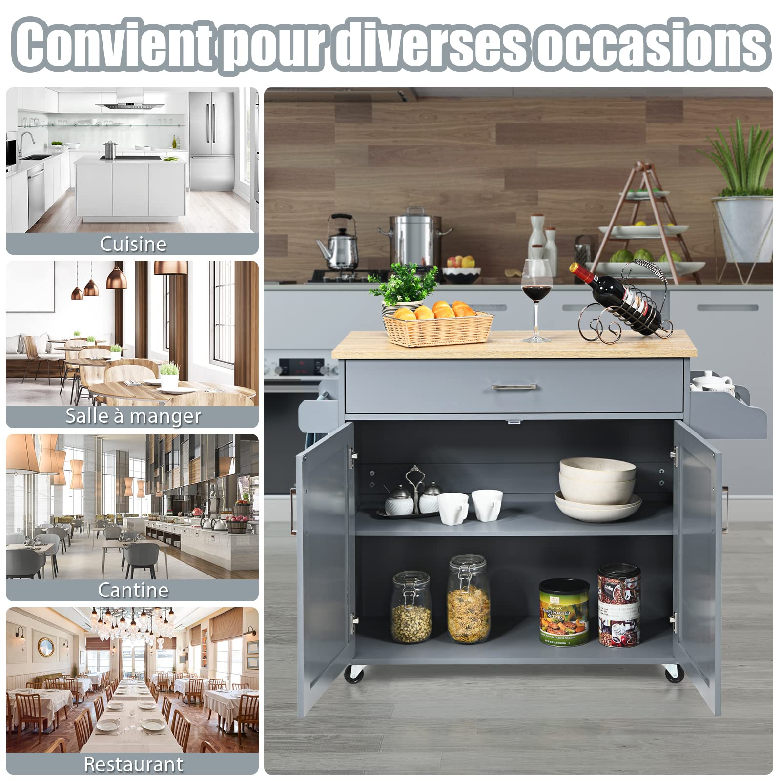 COSTWAY Dessert de Cuisine à roulettes Verrouillables, Ilot Central Cuisine Étagère Réglable sur 3 Niveaux, Grand Placard, Tiroir, Porte-épices et Porte-Serviettes, 40 x 116 x 85 cm (Gris)