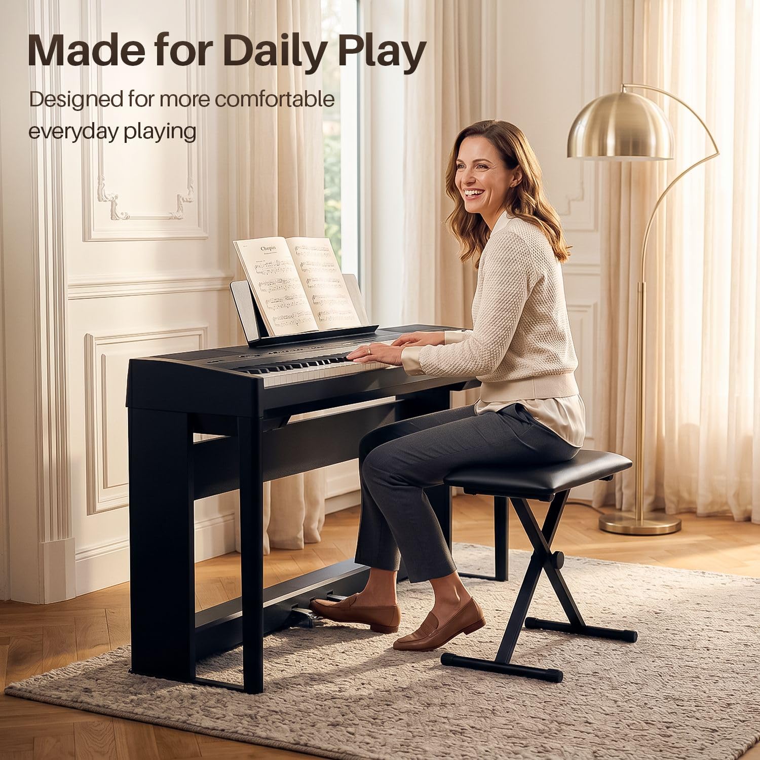 Flexzion Keyboard Hocker, Klavierhocker, klappbarer Klavierstuhl mit rutschfesten Gummifüßen, Klavierbank höhenverstellbar mit gepolstertem Sitz, Hocker und Bänke, für Kinder und Erwachsene, schwarz
