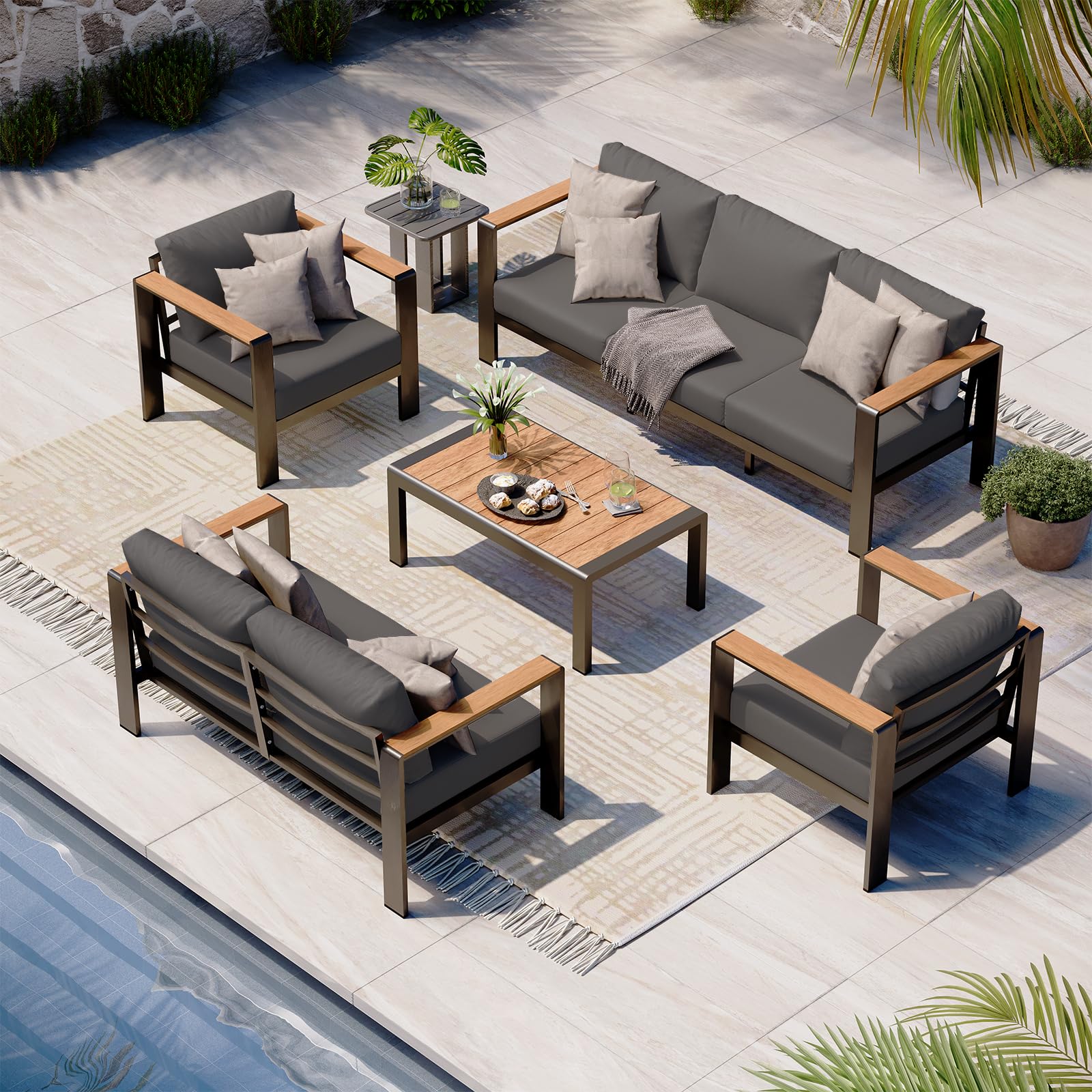 Oasbira Aluminum Outdoor Patio Furniture Set with Coffee Table, 5 Piece Patio Conversation Sets with Washable Thick Cushions, Patio Sectional Furniture Set for Porch, Balcony, Deck, Yard, Graphite