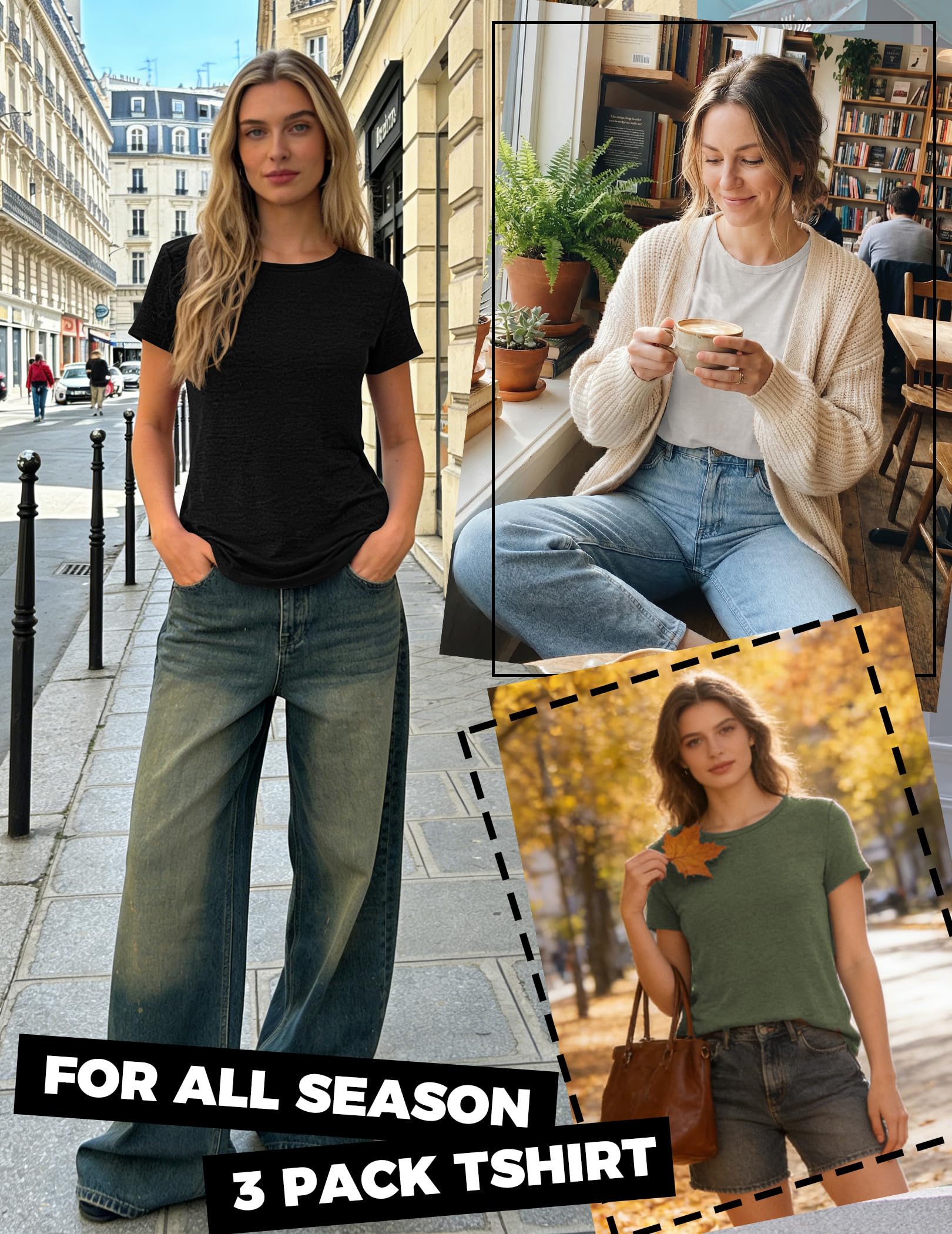 Lot de 3 t-shirts basiques à manches courtes et col rond pour femme