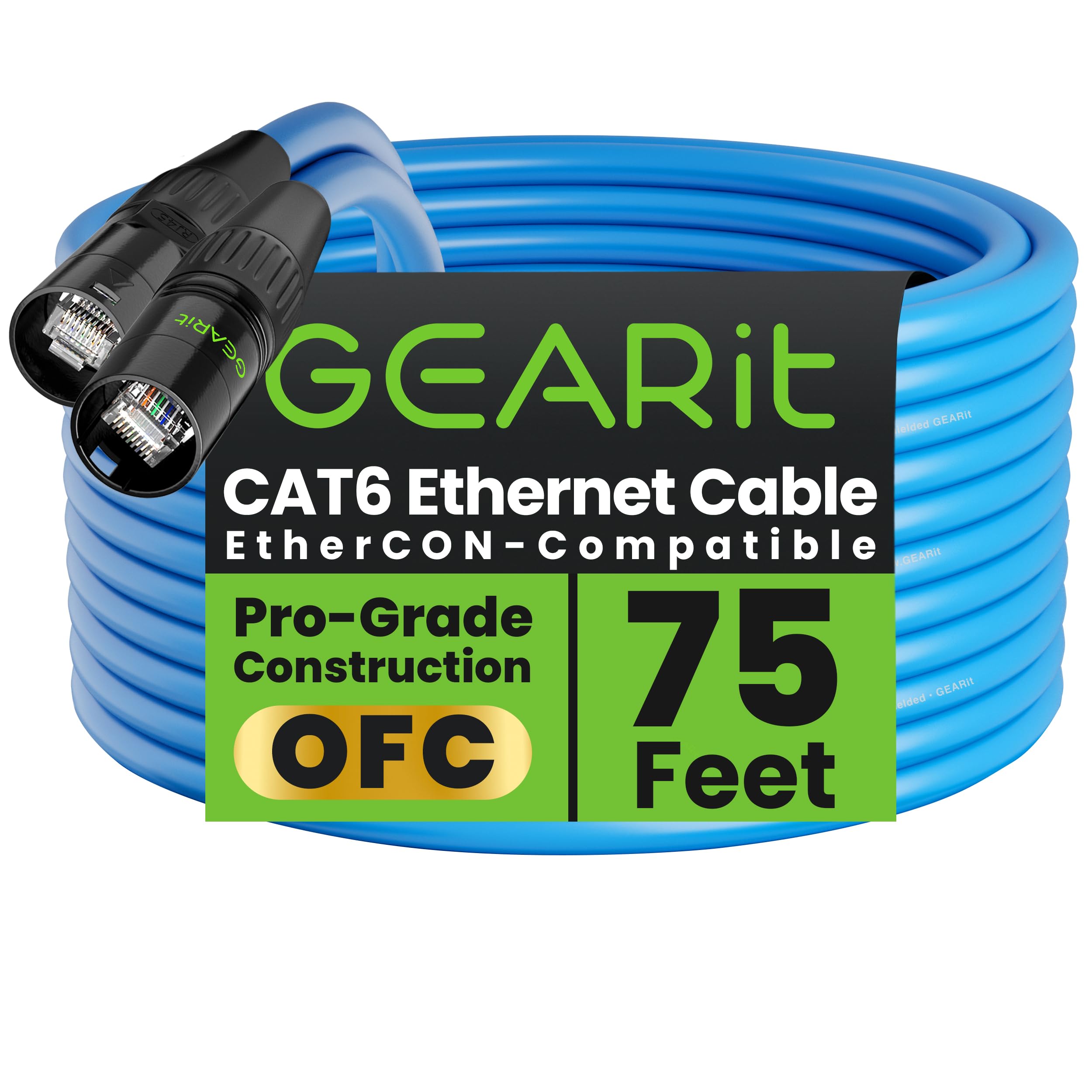 GearIT Cable Ethernet CAT6, compatible con EtherCON (100 pies) conectores RJ45 para audio profesional, blindado de aluminio, cobre libre de oxígeno, 75 pies, color azul