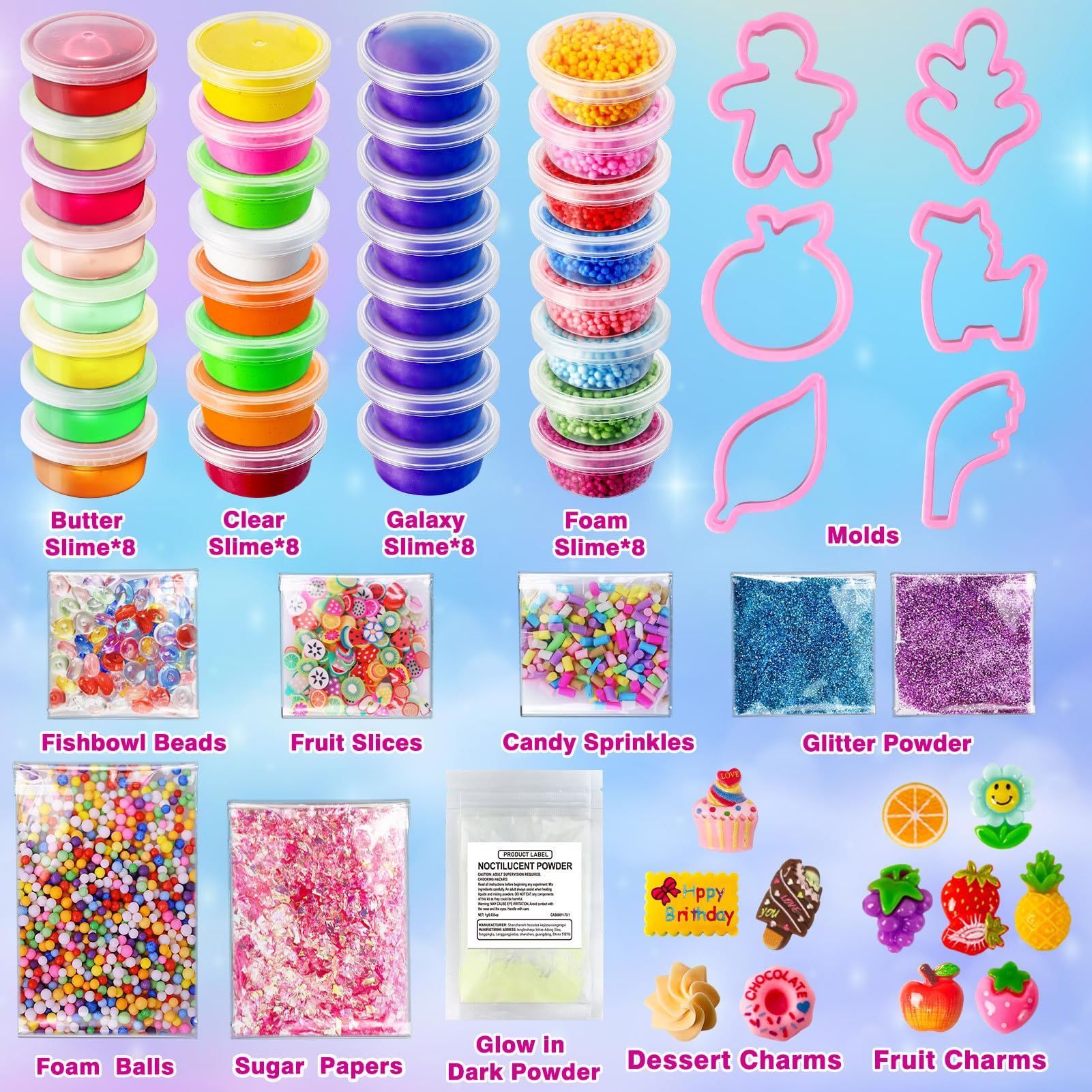 Kit de Slime 32 Pièces pour Filles et Garçons - Slime Prêt à l'emploi pour Enfants, Ensemble DIY pour Fêtes avec 4 Types de Slime Clear, Butter, Galaxy, Foam, Ajouts, Cadeaux pour Âges 3 à 12