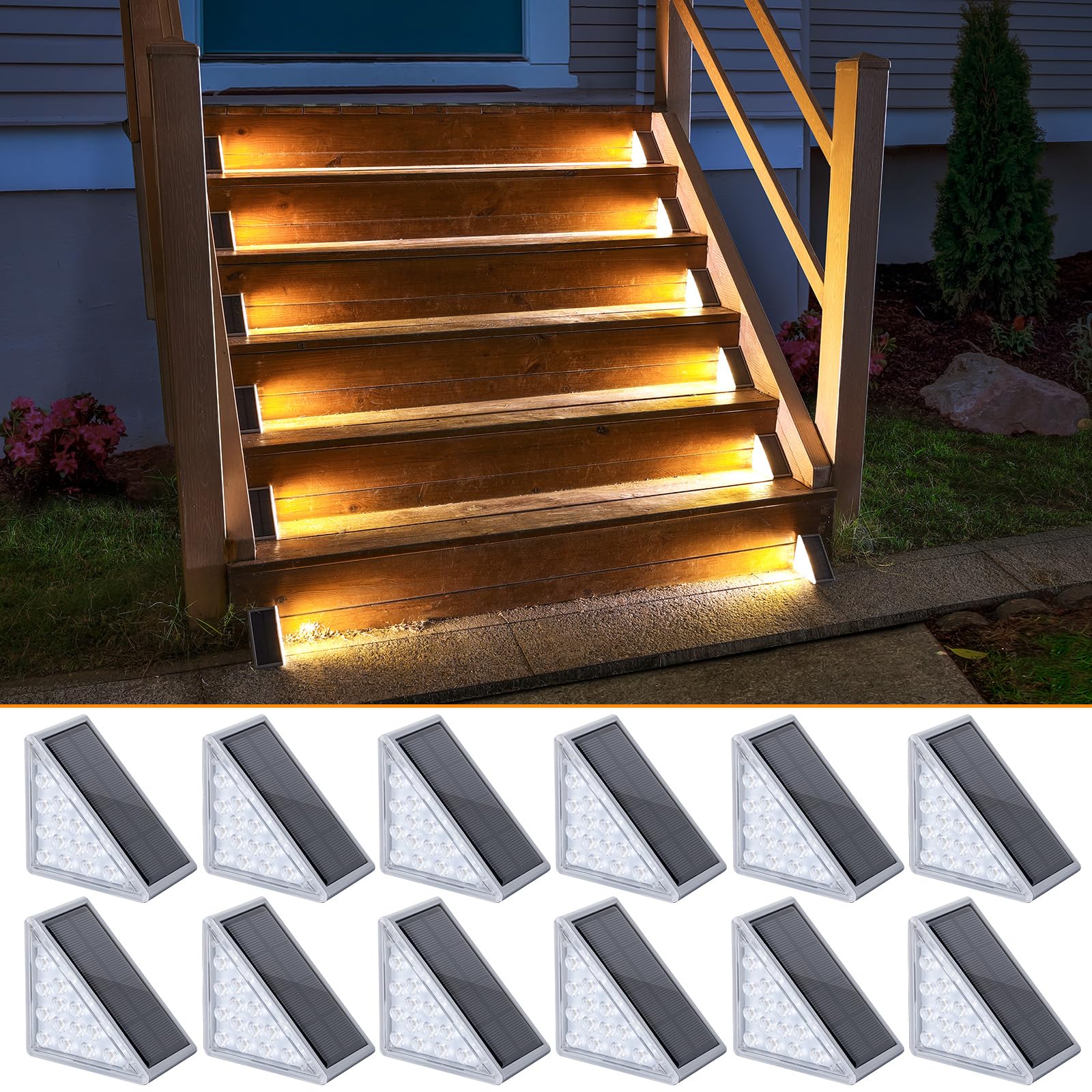 NIORSUN Solar Step Lights 12 Pack - Outdoor Stair Lights with 3000K Warm White &amp; 6000K Cool Daylight, IP67 Waterproof, Auto On/Off, Super Bright for Deck, Patio, Steps