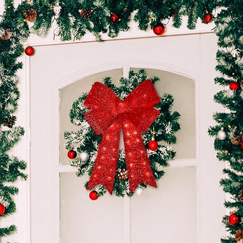 Miniatura 8 de Decoración de árbol de Navidad de 32 pulgadas, 72 luces LED, lazo rojo con purpurina navideña para interiores y exteriores, decoración de corona