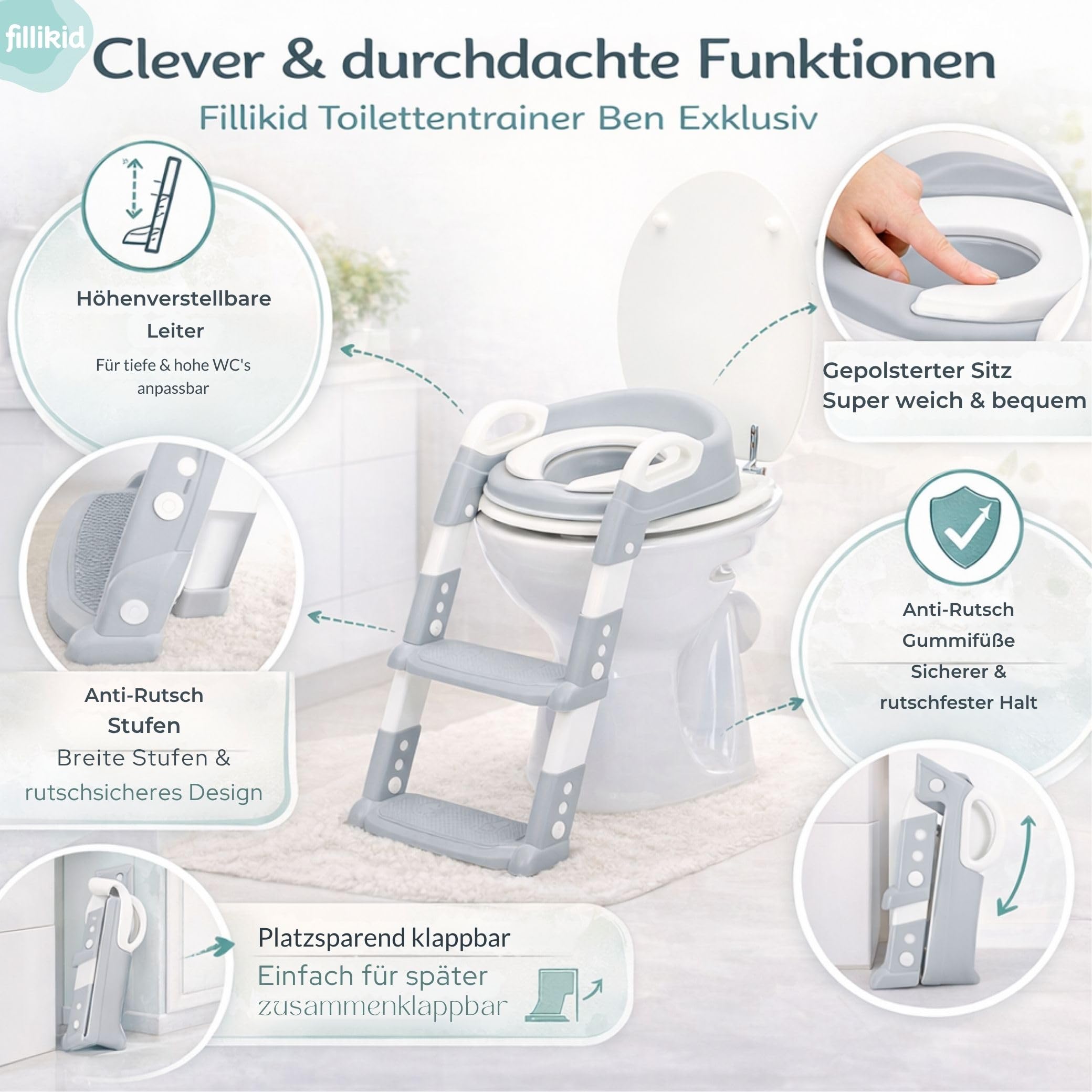 Fillikid Toilettentrainer Exklusiv | Toilettensitz mit Treppe für Kinder ab 24 Monaten | Höhenverstellbar, rutschfest & klappbar | Mit Haltegriffen & weichem Sitzpolster | Toilettentrainer | Höhenverstellbar, Rutschfest & Klappbar, Mit Haltegriffen, Weich