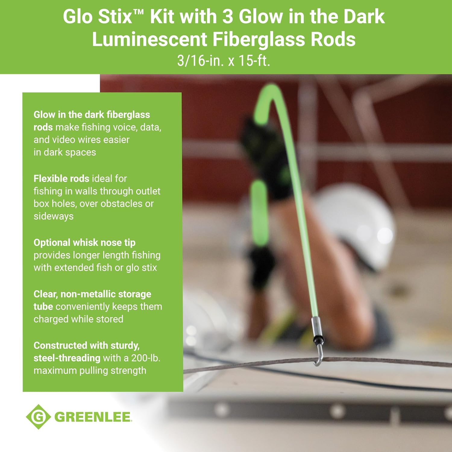 Greenlee 540-15 Glo Stix Kit with 3 Flexible Luminescent Fiberglass Glow-in-the-Dark Fish Rods, 3-Piece Electrical Fish Sticks Set for Wire Fishing