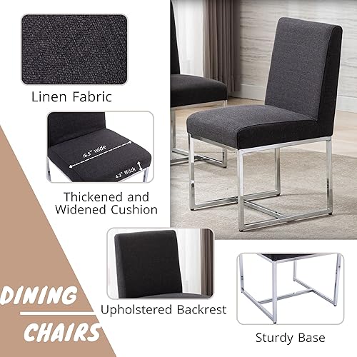 Miniatura 4 de Juego de 2 sillas de comedor modernas de mediados de siglo, sillas de comedor tapizadas de lino con marco de metal acabado cromado pulido, sillas de