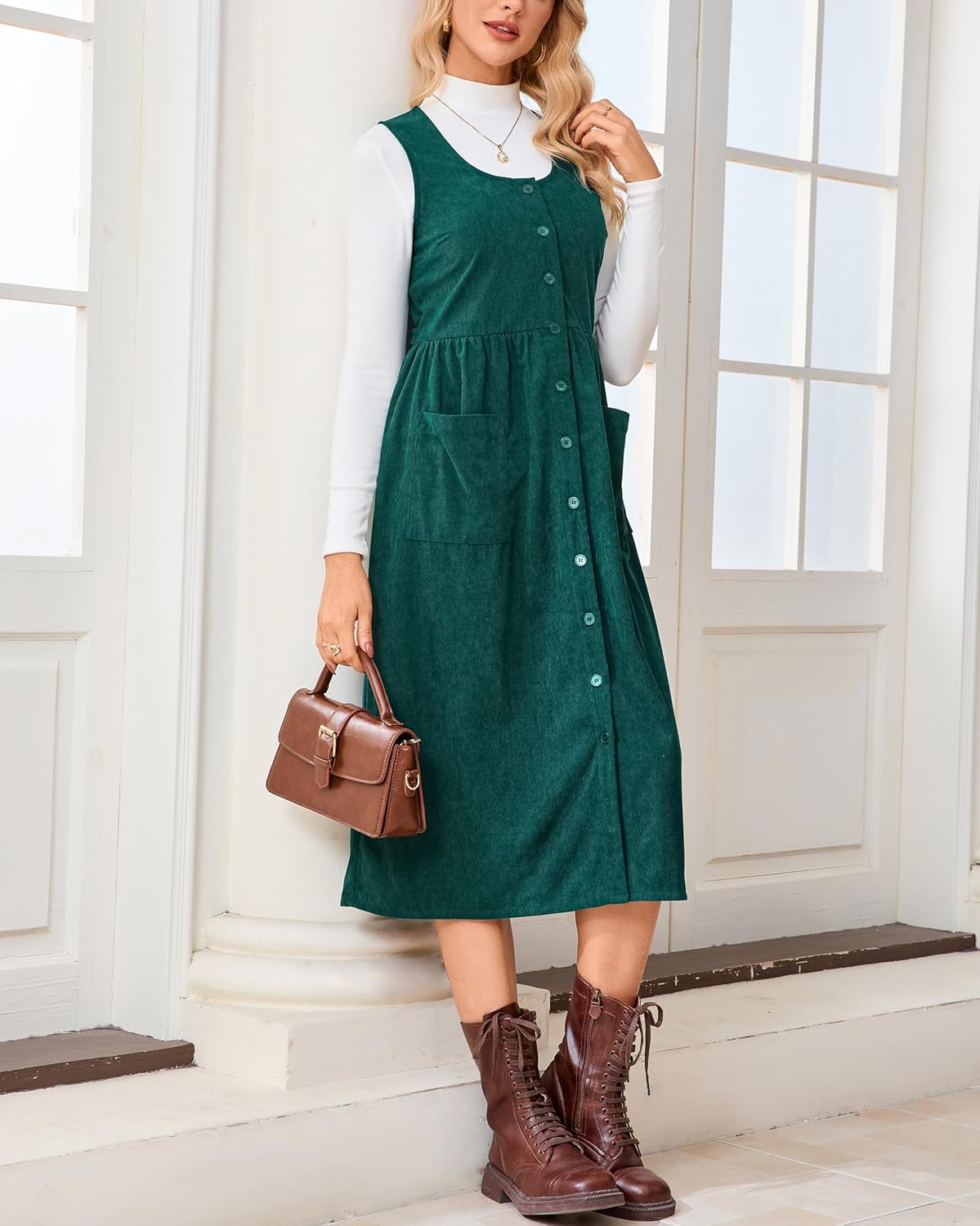 Women's Corduroy Overall Floral Midi Dress Sleeveless Button Front Fall Winter Casual Jumper Tank Dress - Image 5