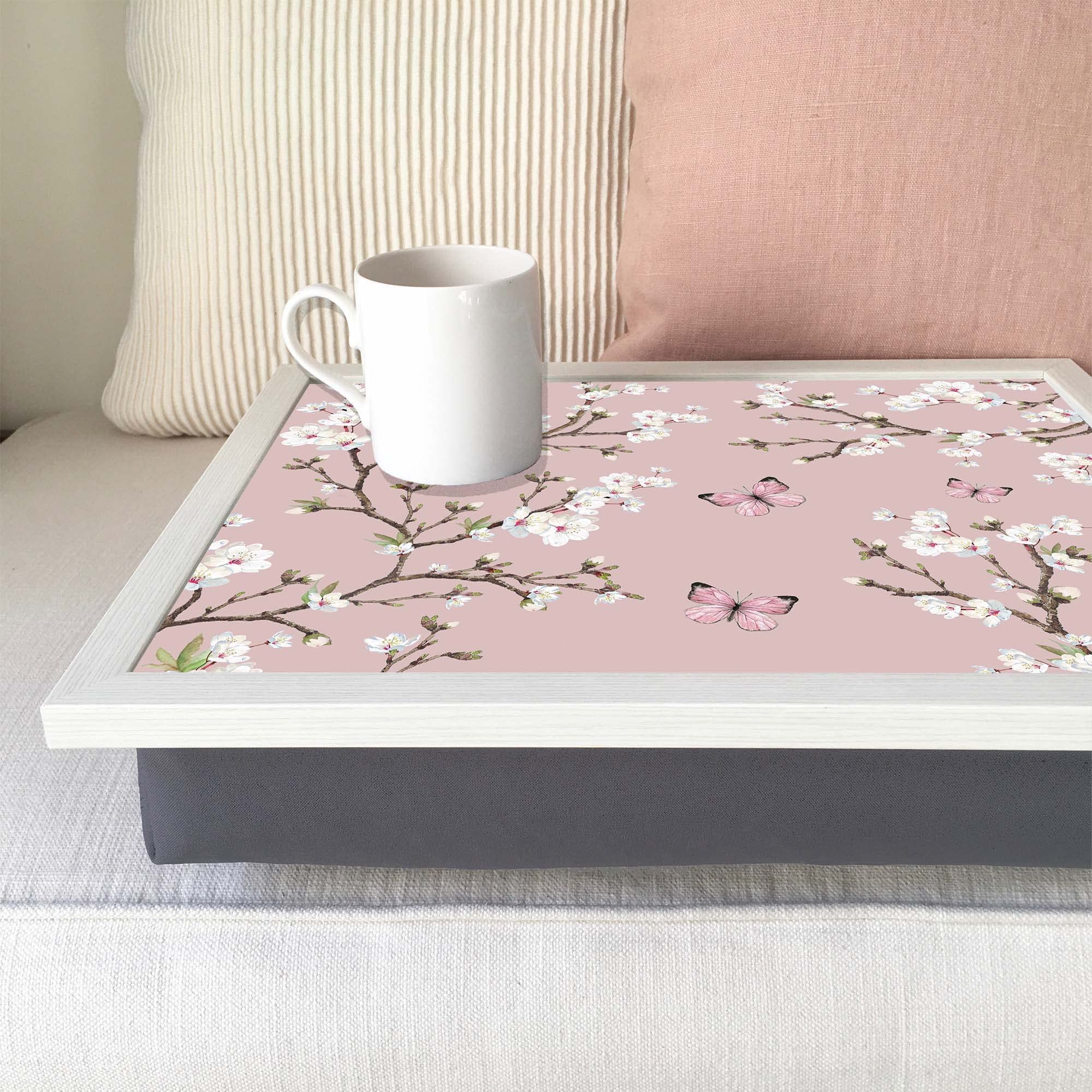 Trove Trays Pink Cherry Blossom Flower Lap Tray: Bean Bag Tray With Cushion, Laptop Desk, Padded Food Tray Table For Eating