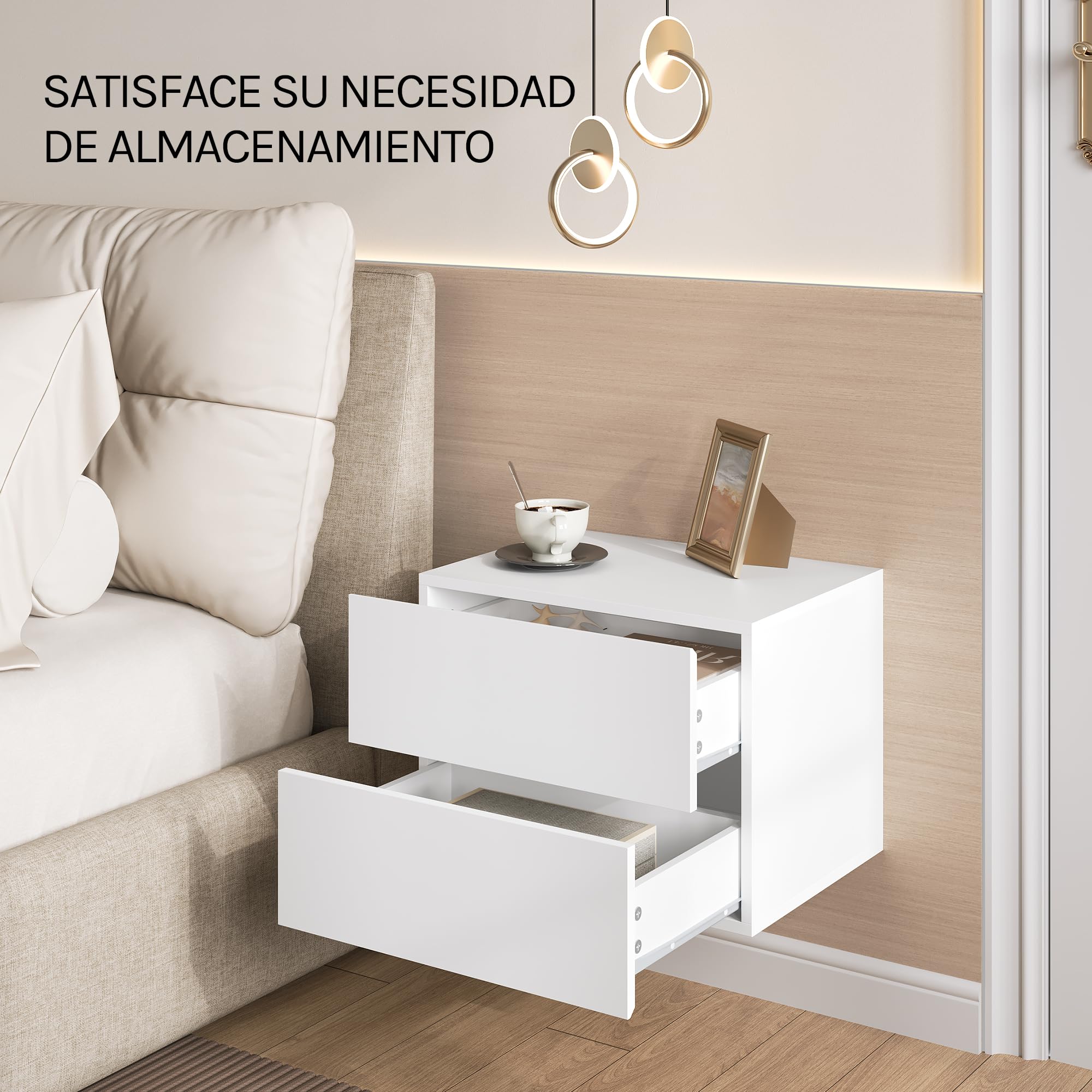 WOLTU Juego de 2 Mesita de Noche Flotante con Cajón, Mesita Noche Montada en Pared, 40x30x30 cm, Mesilla Flotante Blanco, Mesa de Noche Colgante para Dormitorio, Blanco, NTS25ws-2