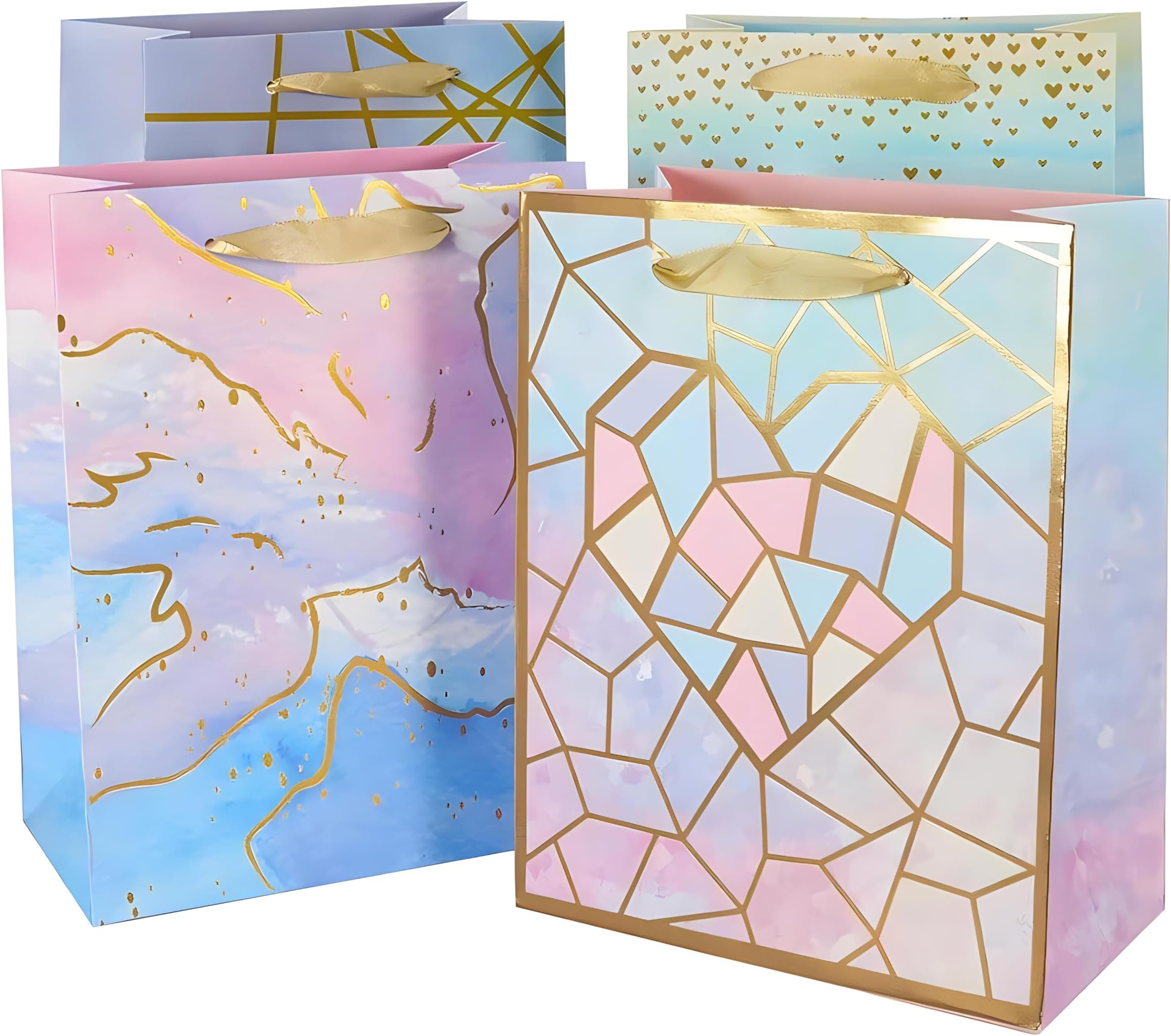 Medium Size Gift Bags Pack of 4,Colorful Marble Pattern Gift Bag Small Gift Bags,Birthday Gift Bag with Handles for Shopping,Parties,Wedding(4pcs-pink gold-23x18x10cm)