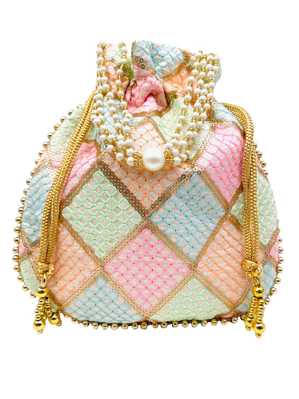 Women Multi Color Thread Silk Potli Bag for Gift Purpose