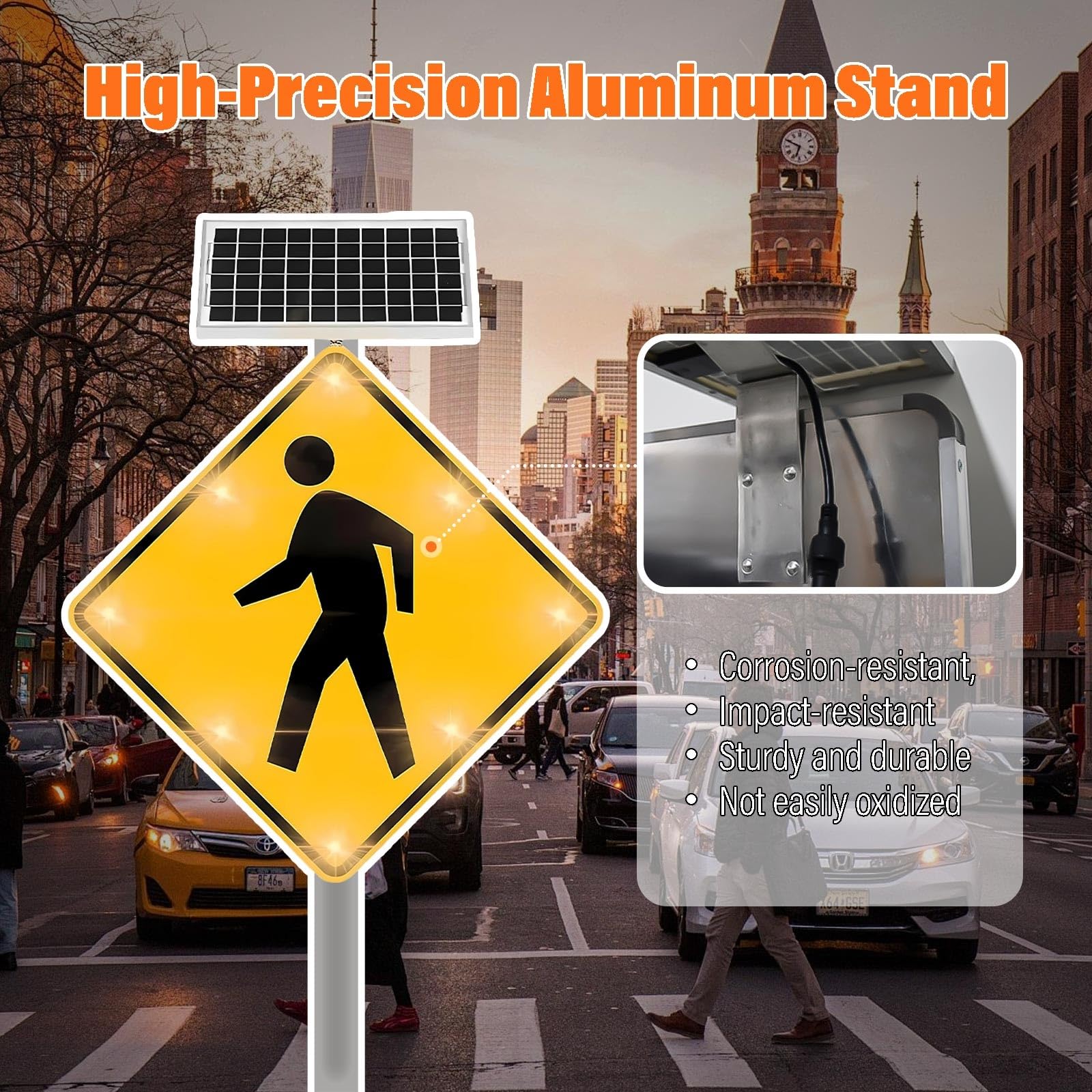 Señal LED de cruce peatonal – Señal de advertencia de tráfico reflectante de alta visibilidad con energía solar para escuela, carretera, entrada y áreas comunitarias