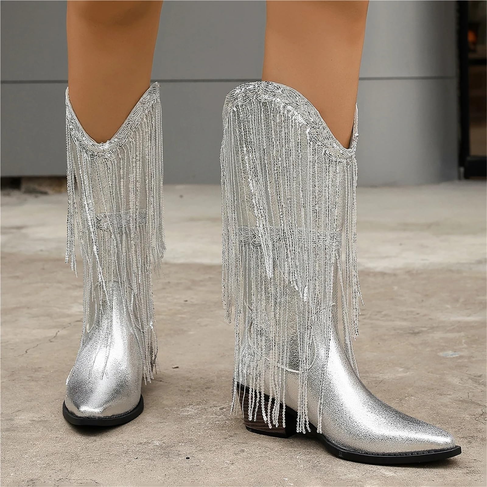 Stivali Texani Donna Stivali da cowboy argento scintillanti con nappe lunghe, punta western, stile motociclista tacco basso grosso