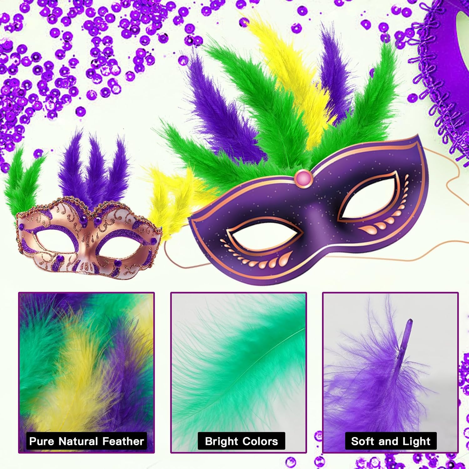 300Pcs Mardi Gras Feathers Green Yellow Purple Decoration Feather Set Ideal for DIY Craft Carnival Costume Mardi Gras Masquerade Party Decor
