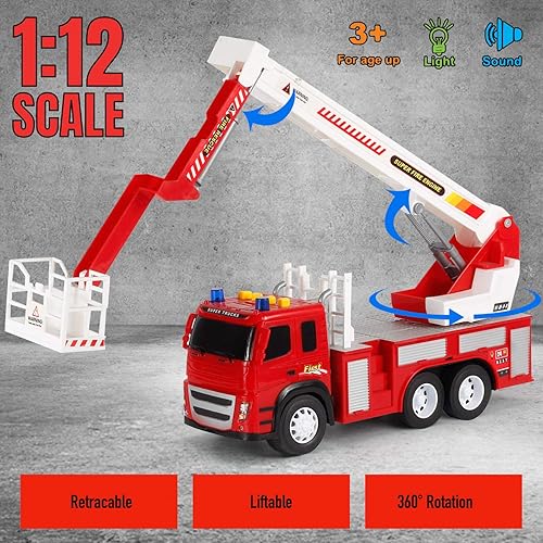 Vista 8 de MOBIUS Toys Camión de bomberos - Juguete grande a escala 1:12 con motor de bomberos realista, 3 bomberos, señales de tráfico, luces y sonidos