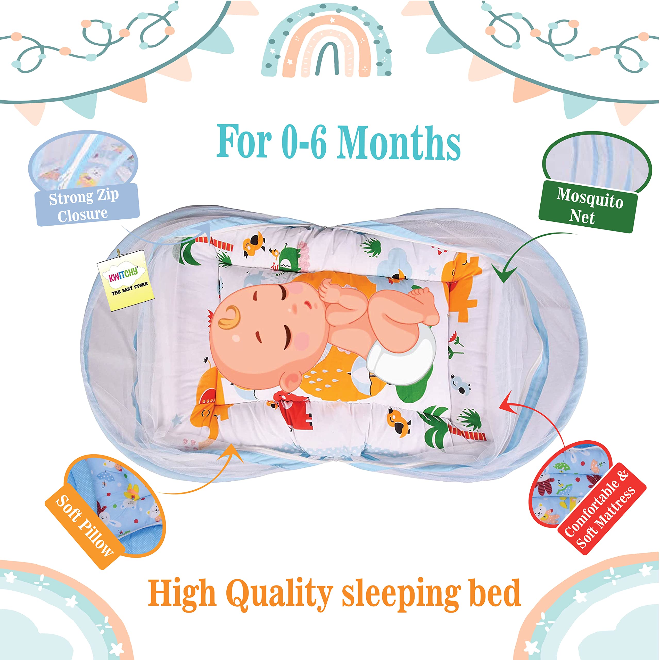 Kwitchy Baby Bed with Mosquito Net New Born Baby Bedding Set | Folding Bed | Toddler Mattress | Cotton | Gadda Set | Travel Beds | Boys & Girls | Gift Pack (0-6 M) (Blue) 4
