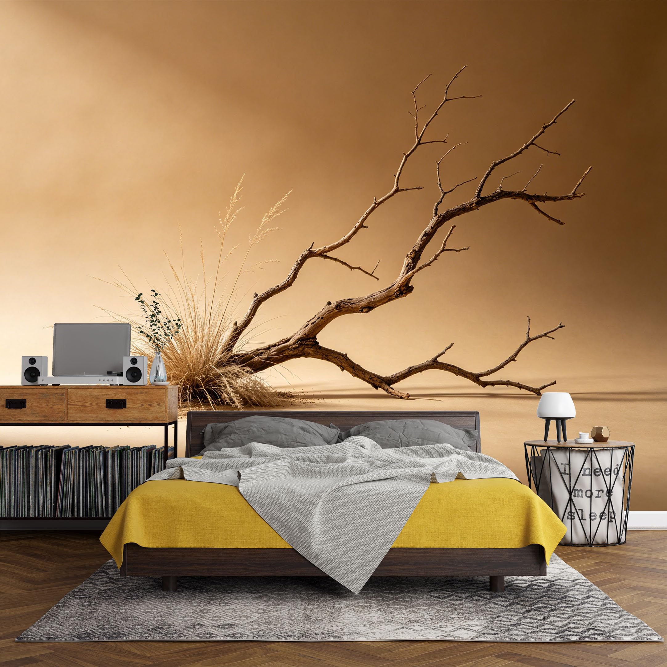 Custom Size Wall Mural， Minimalist Dried Branch Grasses Desert Still Life Neutral Tone，SelfAdhesive Art Prints wall Fabric (No PVC) Removable Wallpaper Living Room Decor