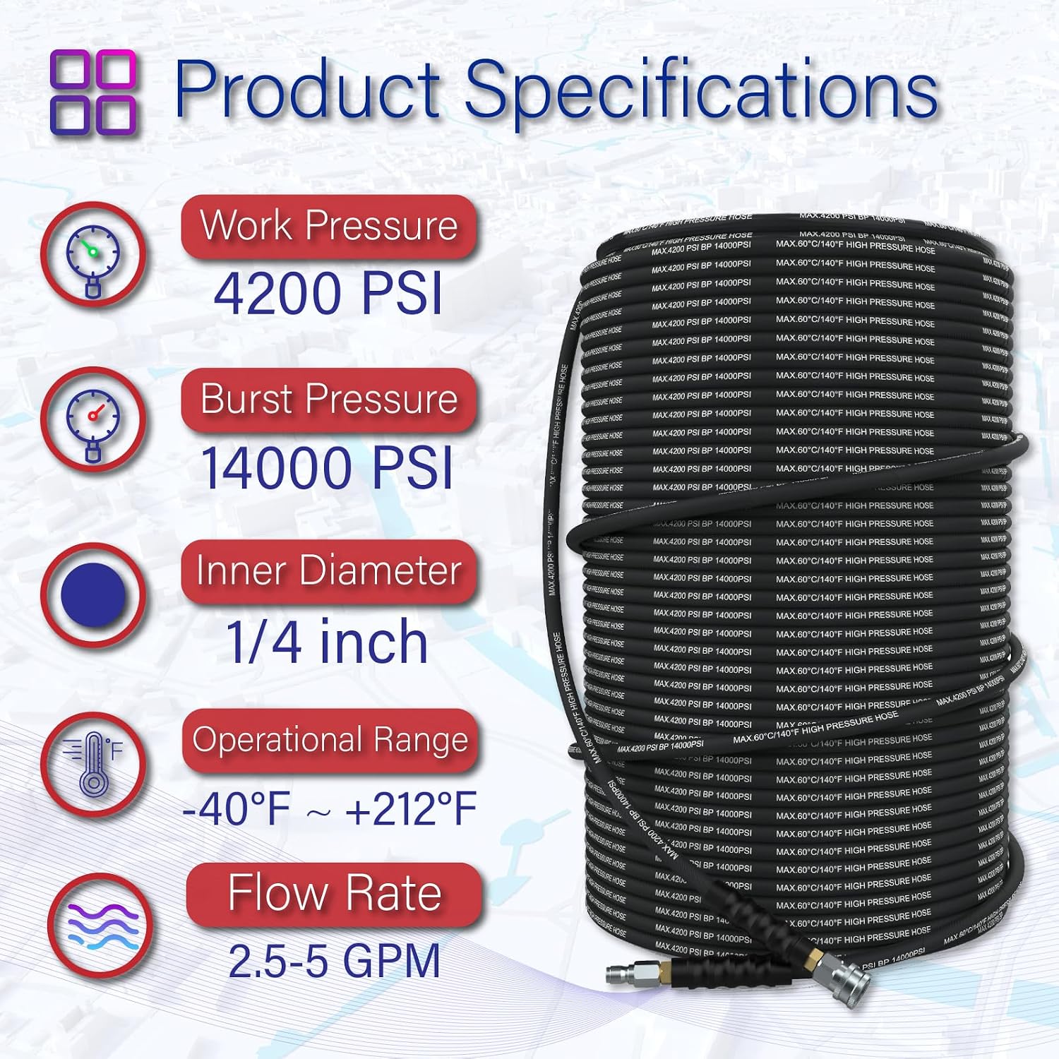 Pressure Washer Hose 75 ft with 3/8 Inch Quick Connect, 4200 PSI Heavy Duty High Pressure Power Washer Hose for Professional Use