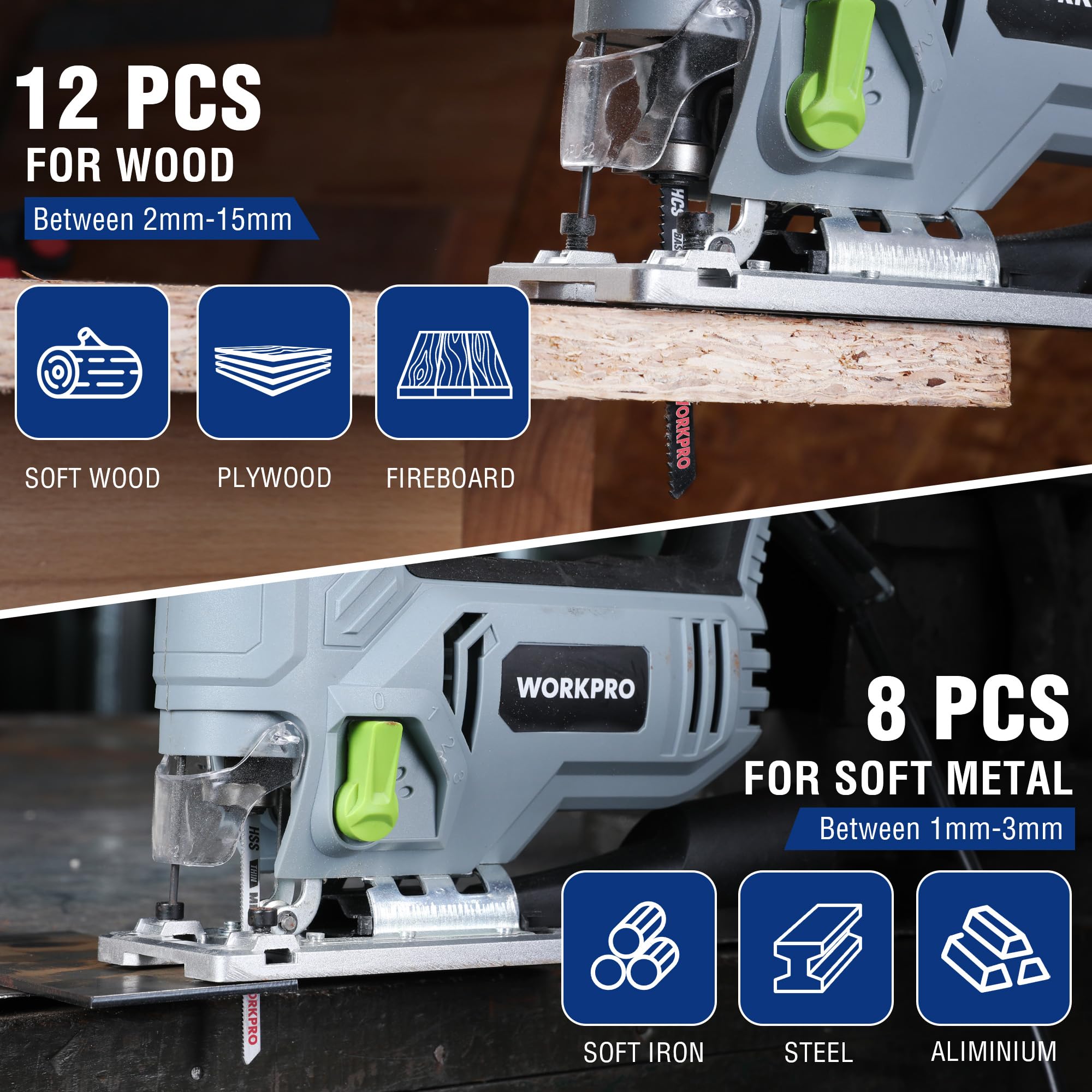 WORKPRO Hojas de sierra de calar 20 piezas, cuchillas de vástago en T HCS/HSS con estuche