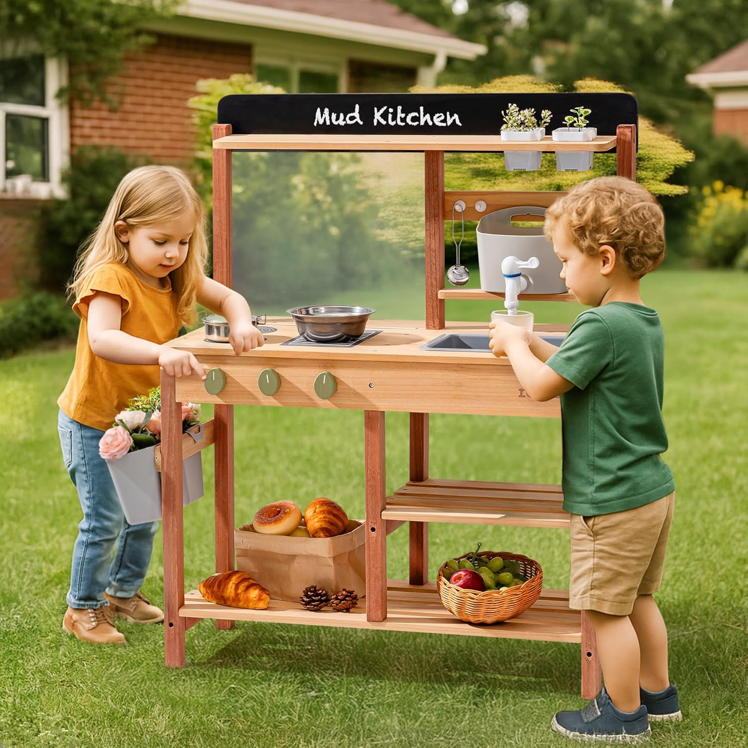 Robud Wooden Mud Kitchen for Kids, Outdoor Pretend Play Kitchen Set with Running Water Sink, Faucet, Planting Pots & Cooking Accessories, Educational Outdoor Toy Gift for Boys & Girls Ages 3+