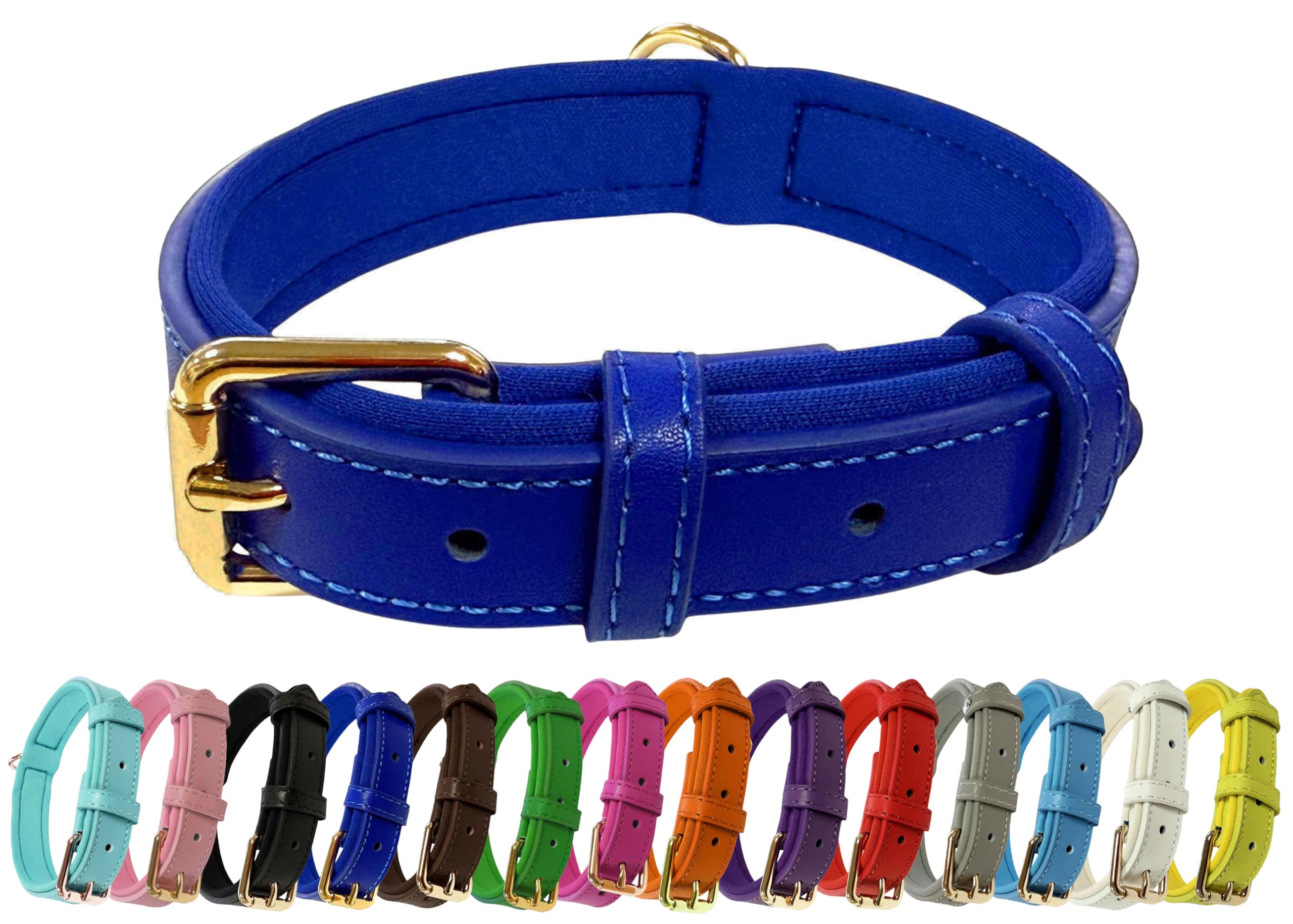 Collar de perro ajustable de piel auténtica vibrante con acolchado de neopreno suave, hebilla de metal y anillo en D, para perros pequeños, medianos y grandes (azul, grande (cuello de 35-45 cm)