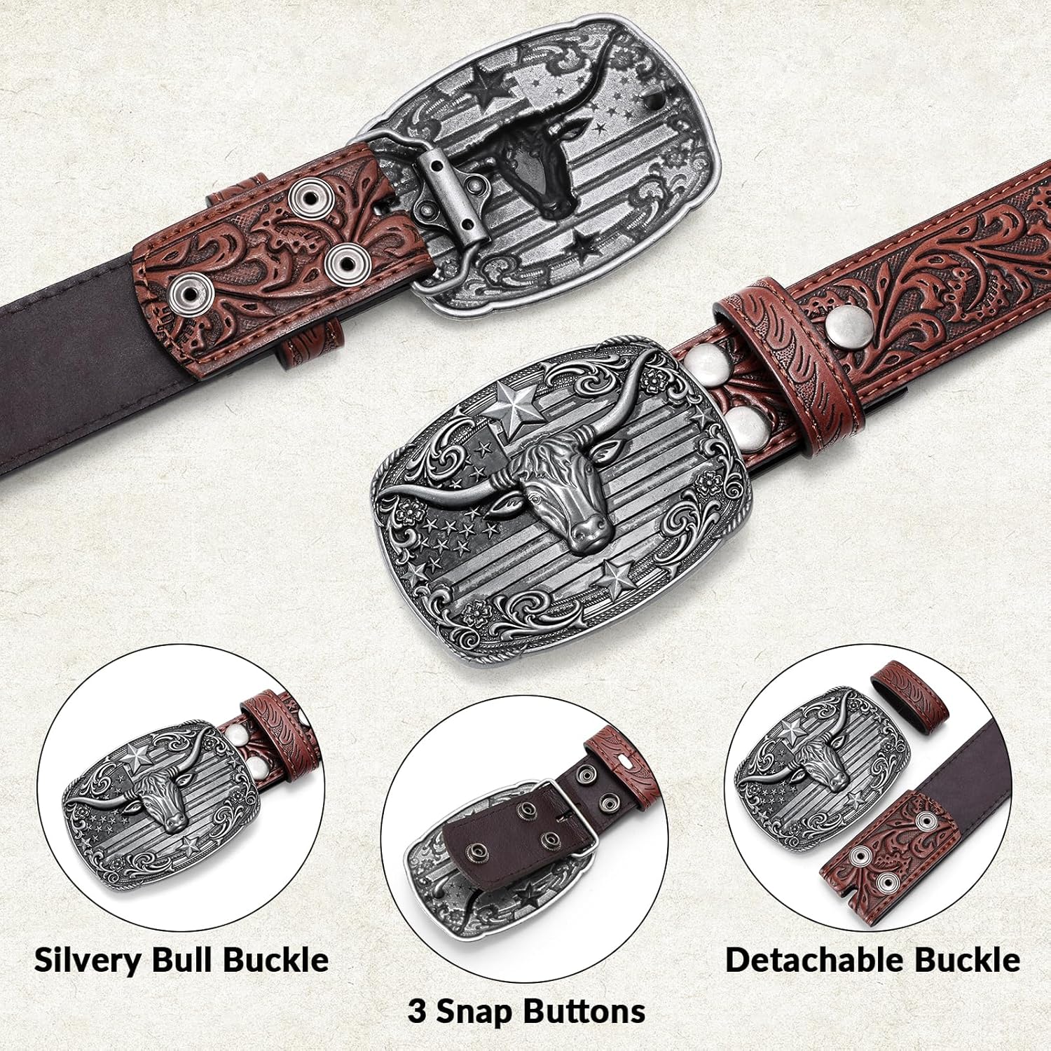 Cowboy Western Belts for Men Women, Mens Western Cowboy Belt Embossed Belt Bull Buckle for Jeans Gifts Christmas - Image 3