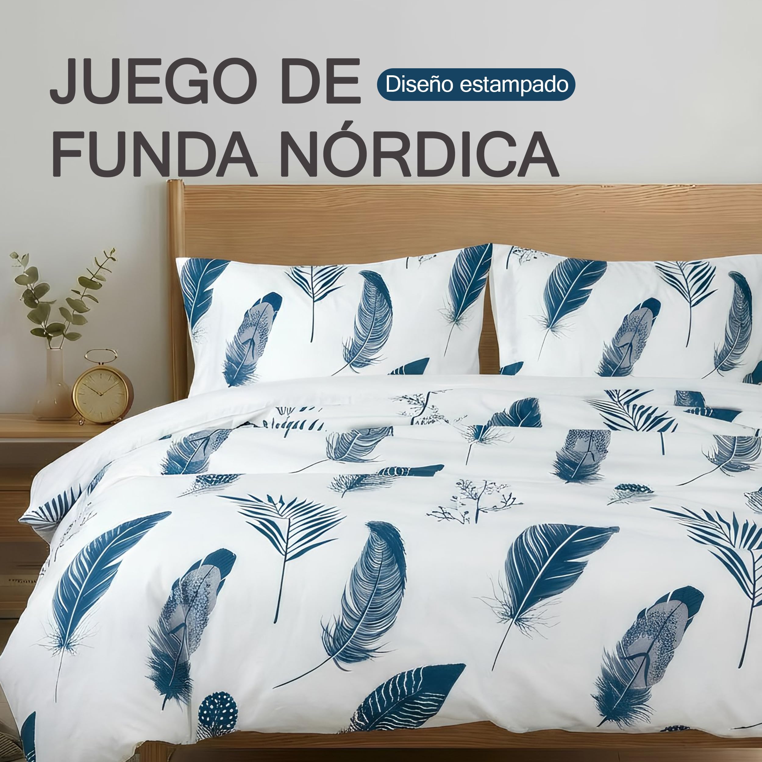 Etrexonline Juego de Funda Nórdica 4 Piezas Cama 150 Microfibra Suave Transpirable - 1 Funda Edredón 220x240 cm, 1 Bajera 150x200+30 cm y 2 Fundas de Almohada 50x75 cm (Pluma Azul) — view 2