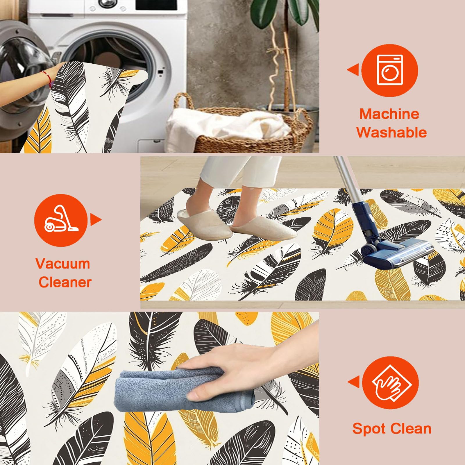 Teppich Senfgelb Feder rutschfest Waschbar Teppiche, Böhmen Abbildung Druck Raumteppich für Schlafzimmer Kinderzimmer Esszimmer Kurzflor Elfenbein Wohnzimmer 80x150cm Schlafzimmerteppich