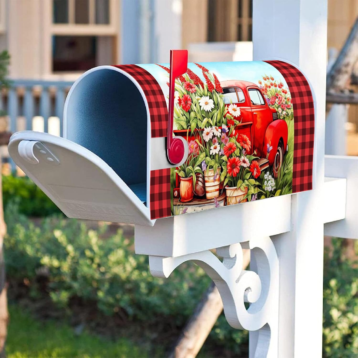 Texupday Flower Blooms Red Truck Mailbox Cover with Magnetic Strip Spring Summer Buffalo Check Plaid Mailbox Wraps Post Letter Box Cover Standard Size 21" X 18" for Garden Outdoor Yard Decor