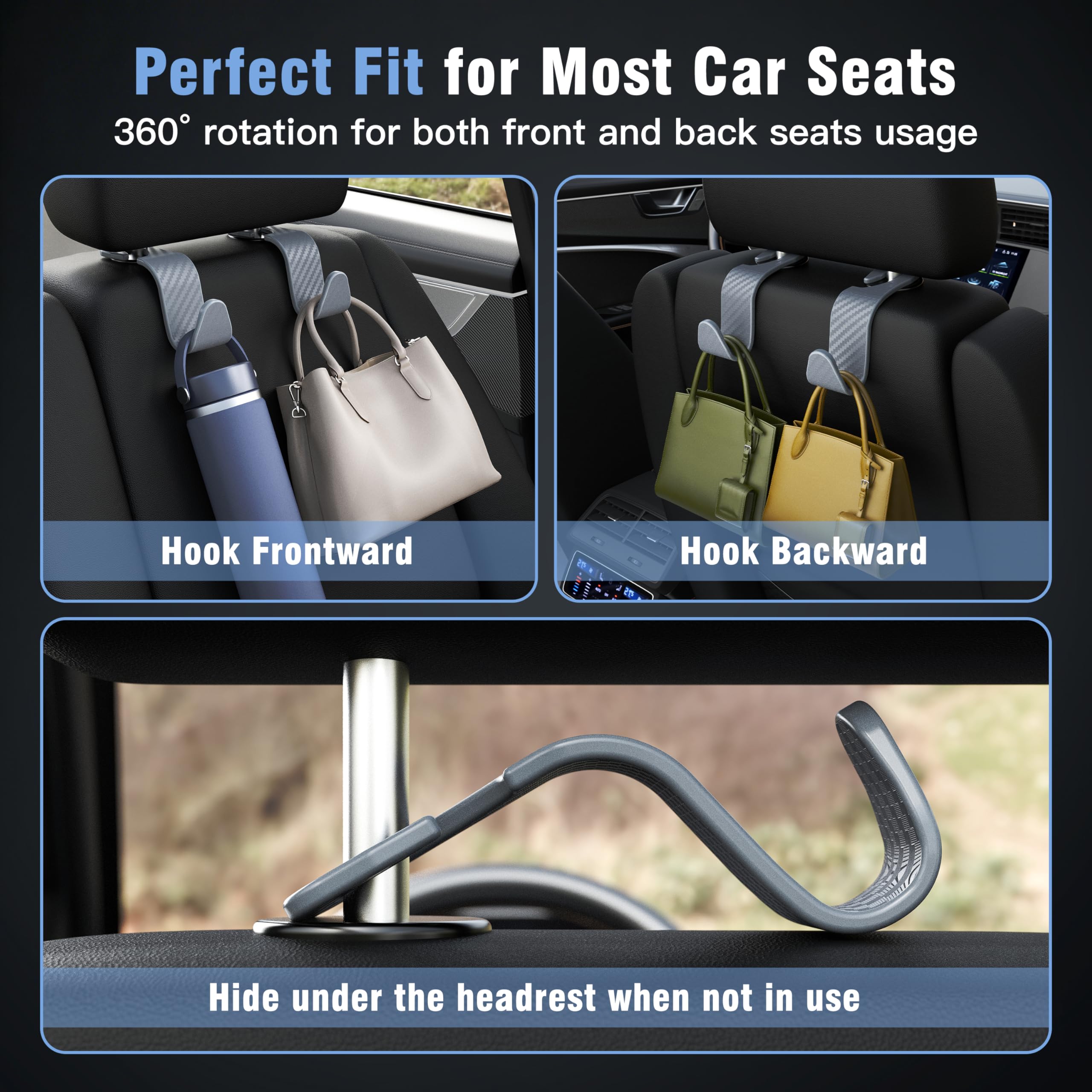 4-Pack Car Headrest Hooks Holds 55lbs Seat Storage Organizer for Bags view 3