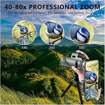 Monoküler Teleskop, 80x100 Full HD Yüksek Çözünürlük, 10 Km Görüş Mesafesi, 52 mm Objektif Lens Çapı, Gece Görüş Destekli, Tripod ve Taşıma Çantalı, Telefon Tutuculu Profesyonel Monoküler Dürbün