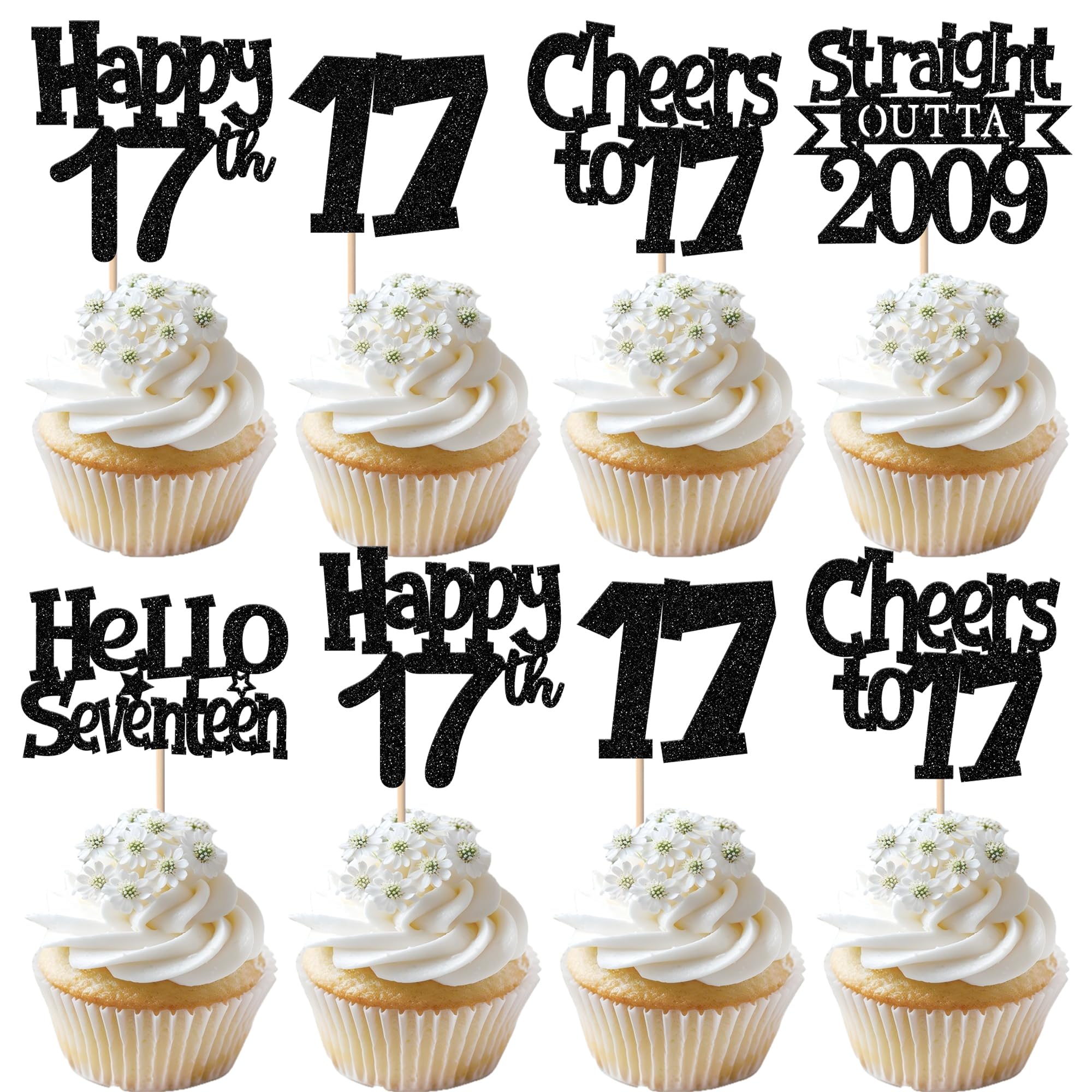 30 Stück 17th Geburtstag Cupcake Toppers Glitzer Straight Outta 2009 Kuchen Deko Happy 17th Hello Seventeen Tortendeko für Prost auf 17 Geburtstag Hochzeit Jahrestag Party Kuchen Dekorationen Schwarz