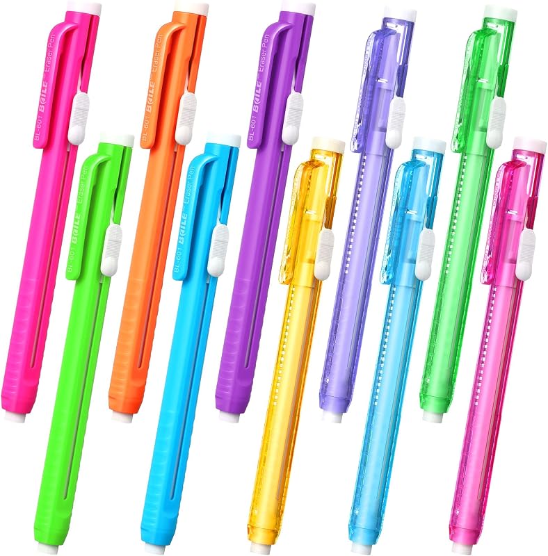10 Pieces Retractable Mechanical Eraser Pen, Pen-Style Erasers Pencil Click Big for Drawing, Art, Drafting, Sketching Adults, Kids Office, School Supplies (Multicolor)