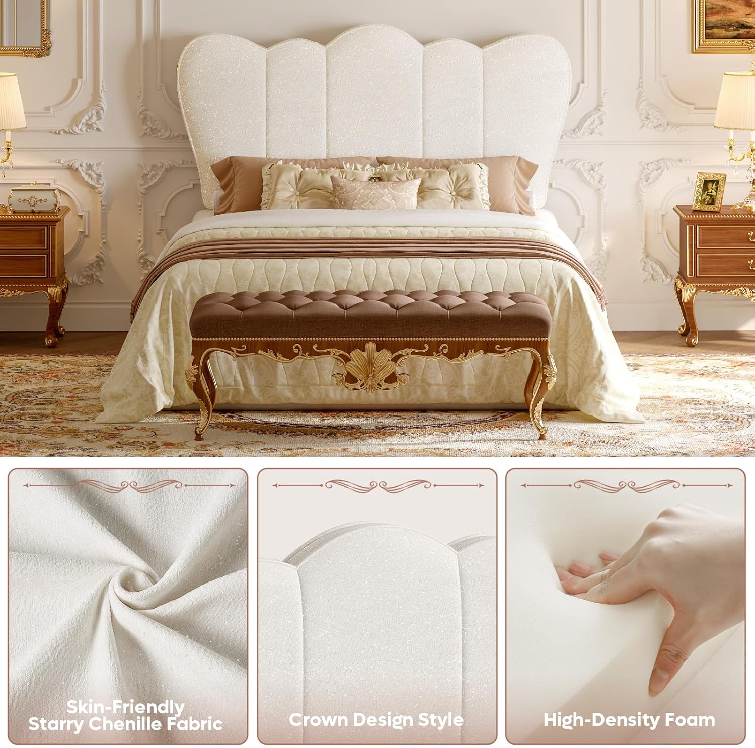 Pinmoco Full Size Upholstered Headboard Beige Scalloped Modern Padded Bed Backboard, Wall Mounted Decorative Headboard for Full Bed Frame Bedroom