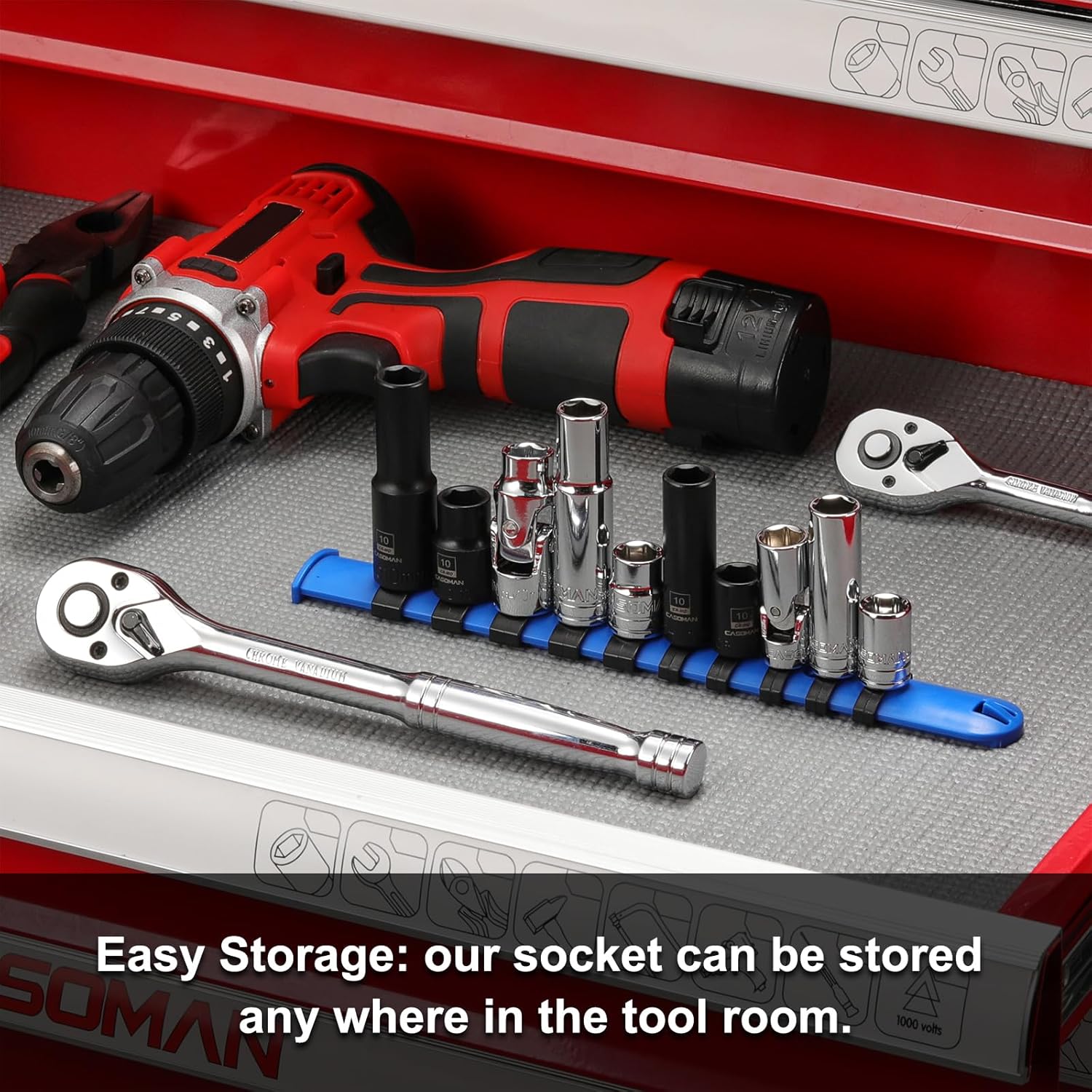 CASOMAN 10-Piece Shallow Deep Impact Socket & Flex Socket Set - 10mm, 1/4" & 3/8" Drive, 6-Point, Universal Socket, CR-MO & CR-V, with Storage Rail
