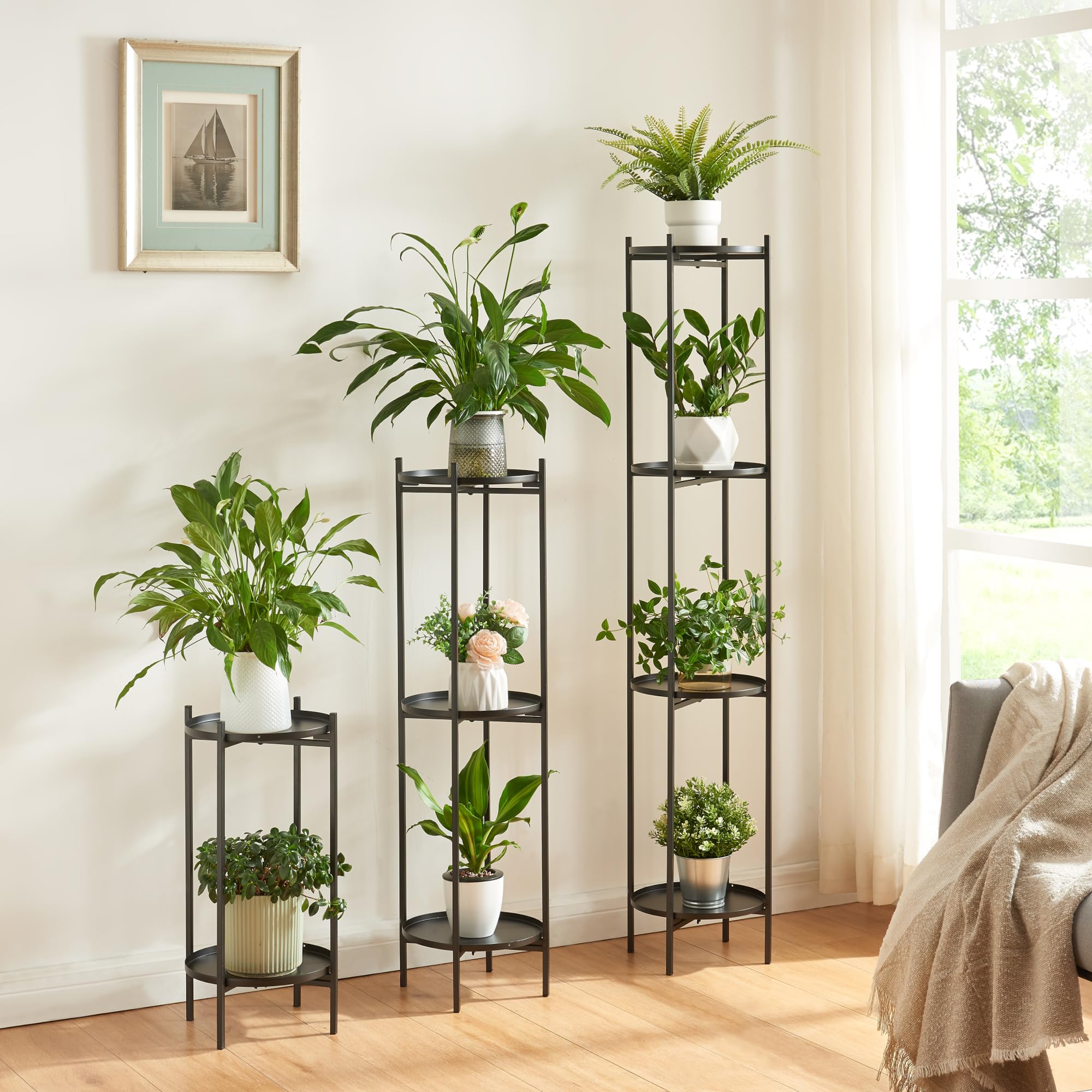 [en.casa] Portavasi Piedistallo per Piante Scaffale Portafiori a 4 Livelli Supporto Piante con Sottovasi Rotondi Portapiante in Metallo 134 x 25 cm Nero