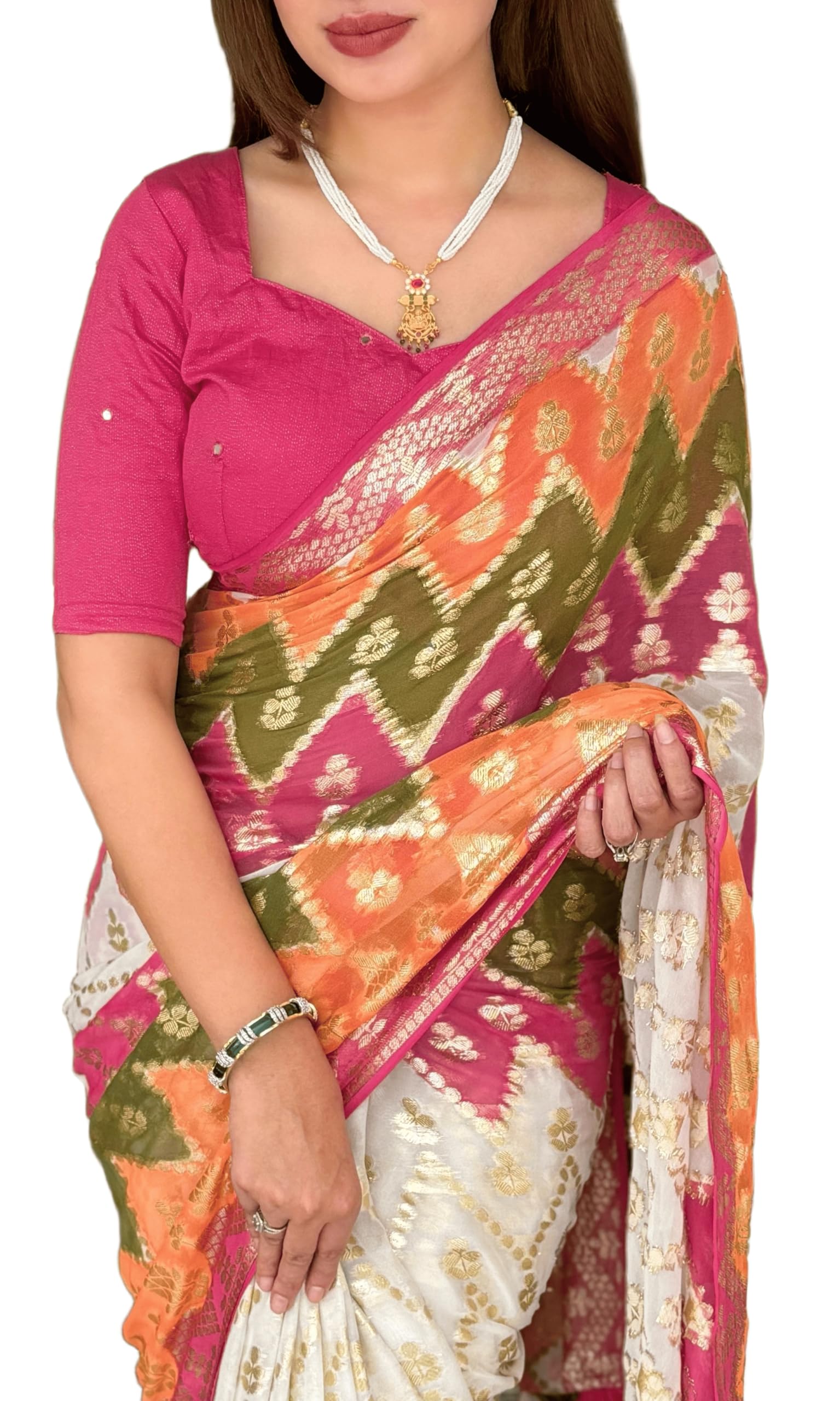 Women's Zari Jacquard Weaving Hand Brush Printed Viscose Georgette Saree WIth Mirror Work Cotton Satin Blouse-picture-43