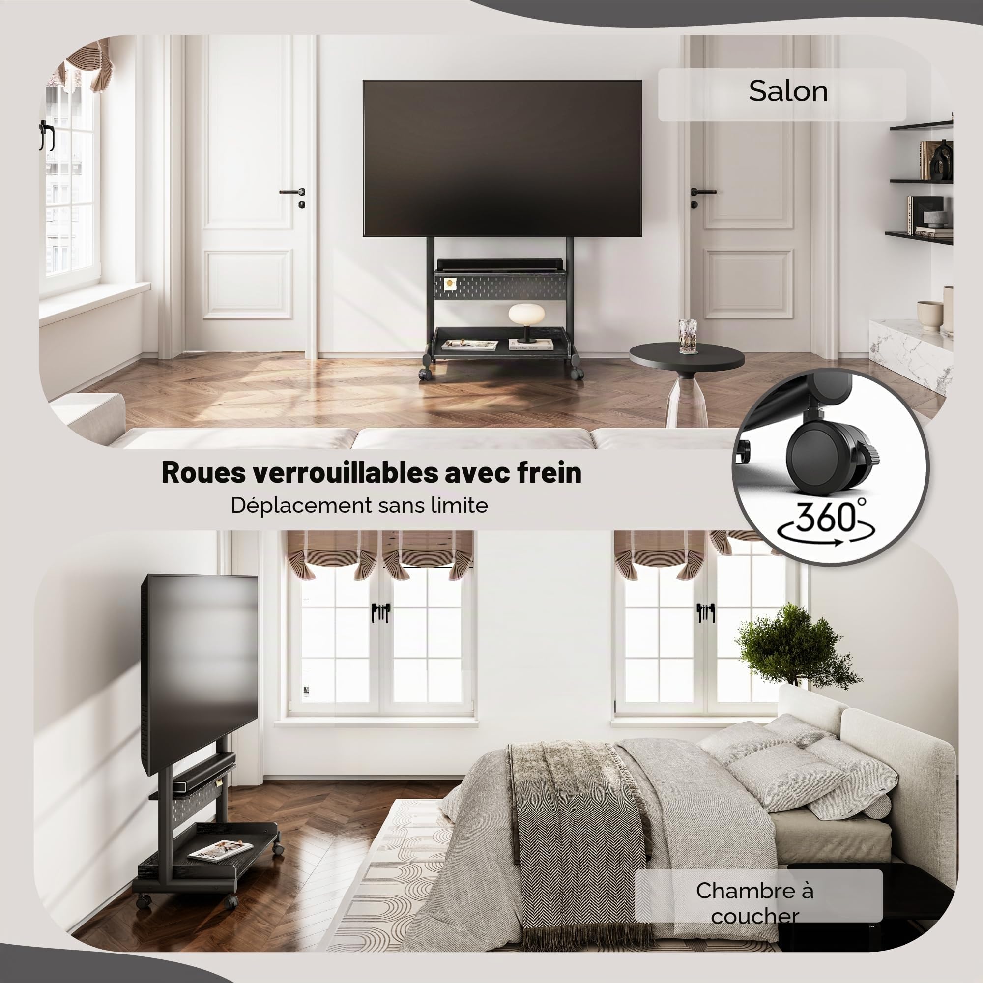FITUEYES Meuble TV avec Support, 40-85 Pouces, VESA 600 x 400 mm | Meuble Support TV, pour Salon, Chambre et Bureau, 6 Réglages en Hauteur, Hauteur Réglable, Charge Maximale 60 kg