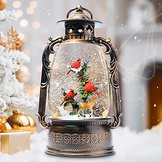 13.4" Christmas Snow Globe Lantern with Swirling Glitter Christmas Decorations Indoor, Cardinals & Rotating