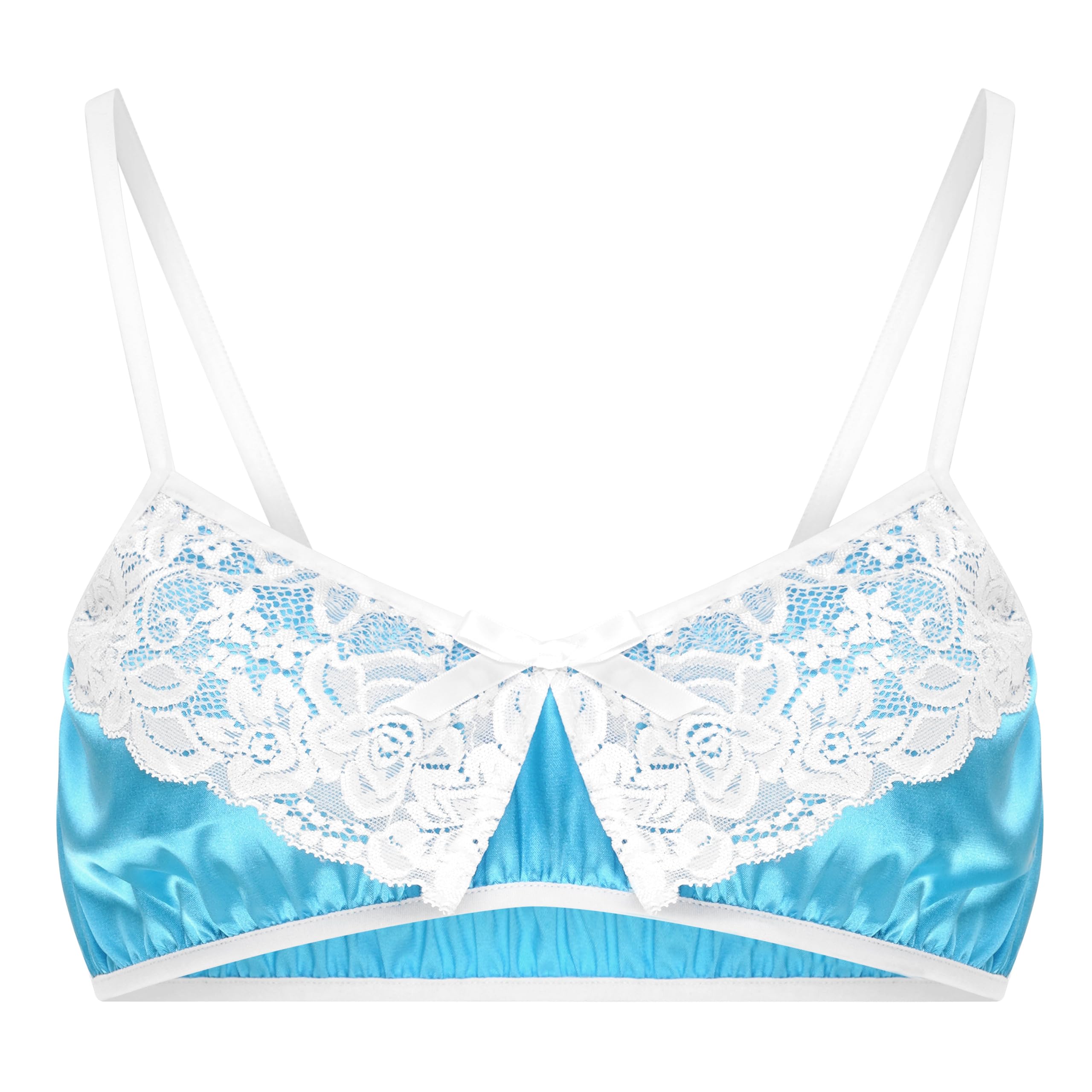 Satini Sissy Frilly Lace Fitted Silky Satin Lingerie Bralette (Aqua Blue, S)