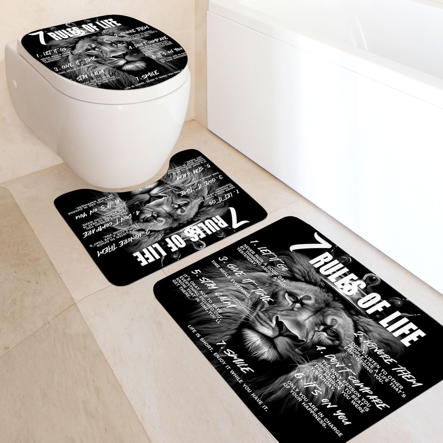 Omifly Lion Quotes Inspirational Shower Curtain Sets 4Pcs African American Animal Black White Motivational Bathroom Decor Set with 12 Hooks, Rugs and Accessories with Bath Mat and Toilet Lid Cover