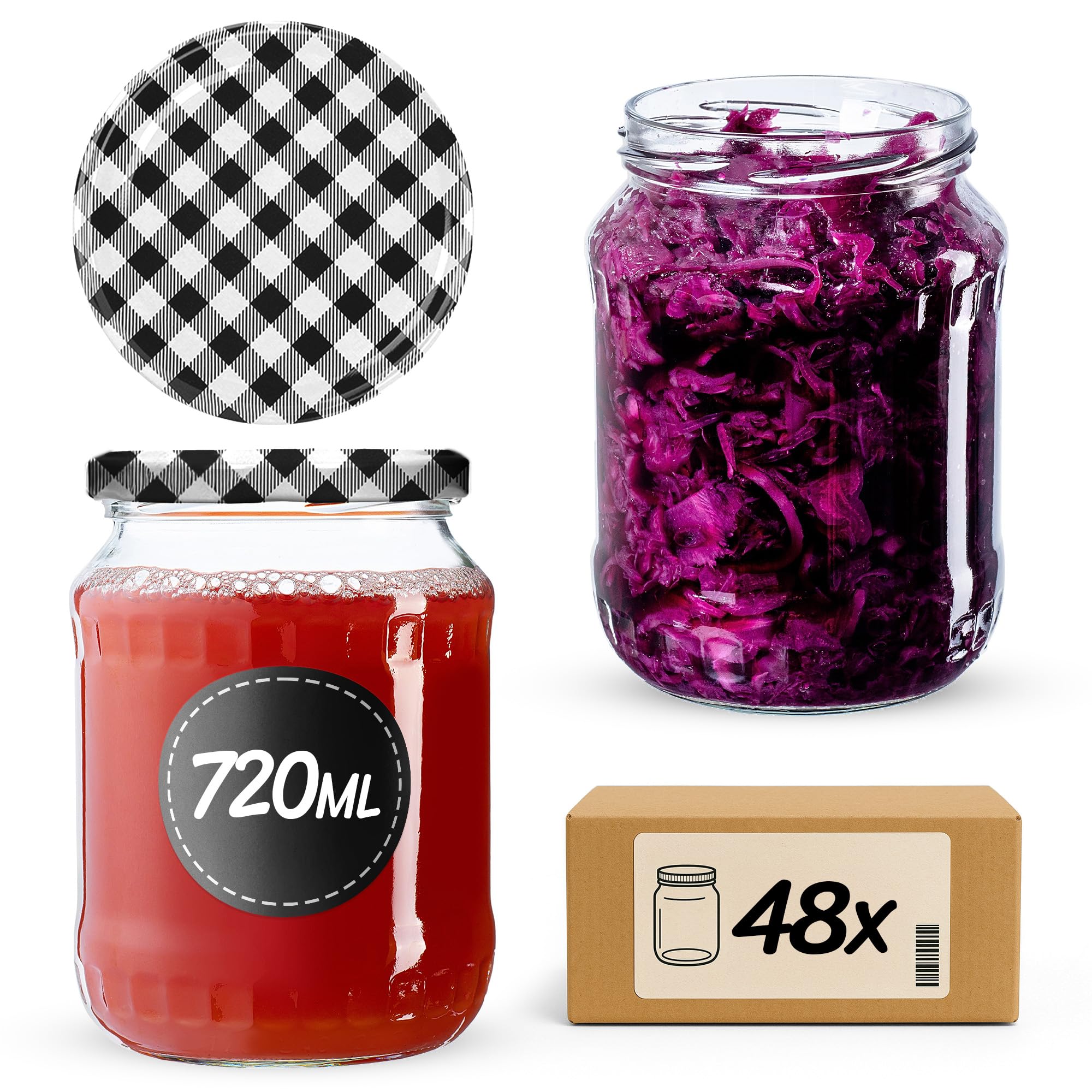 KADAX Lot de 48 grands bocaux en verre 720ml Ø82 à pois rouges – Couvercle Twist-Off hermétique TO82 – Pour conserves, cornichons, légumes fermentés & confitures maison