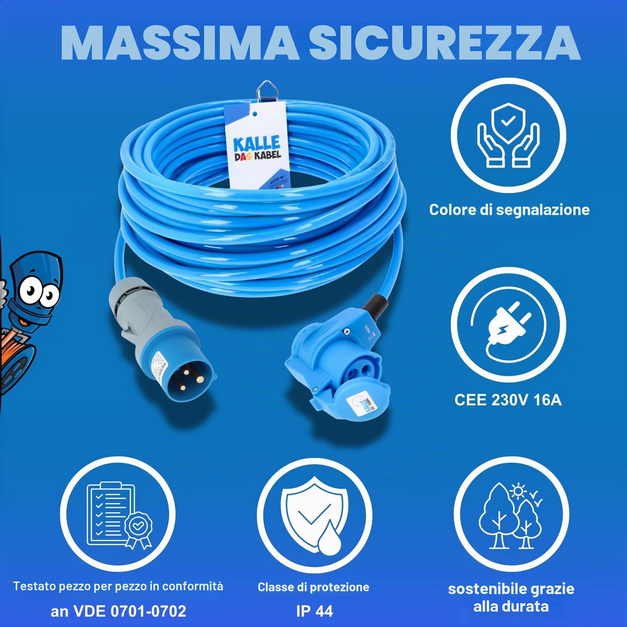 KALLE DAS KABEL Prolunga CEE 230 V, H07BQ-F 3G, 2,5 mm², 10 m, cavo Vollpur Premium con giunto angolare, per industria, edilizia, barche, camper e campeggio