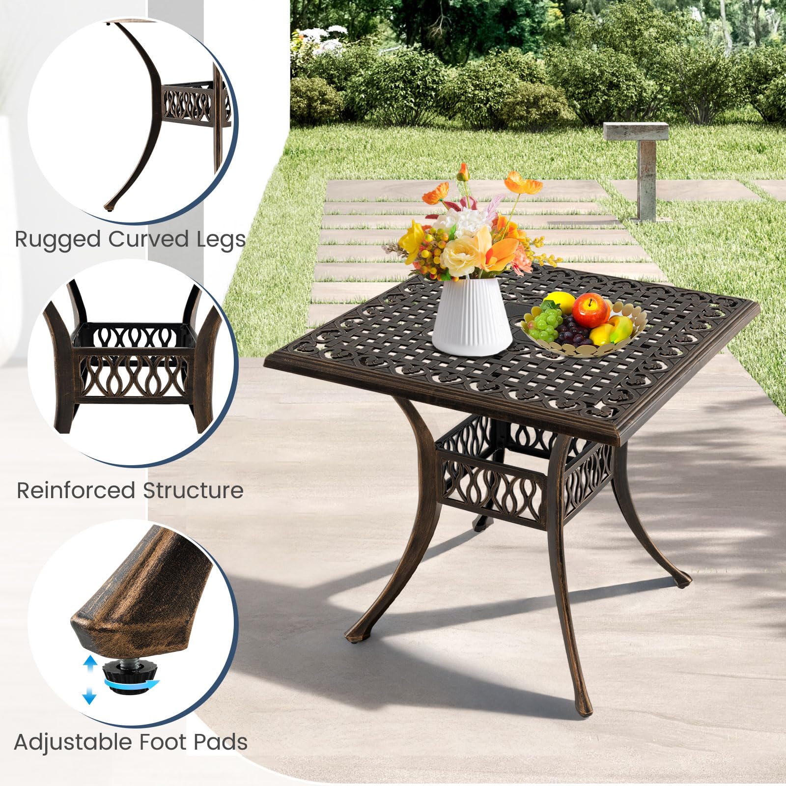 GIANTEX Gartentisch, Balkontisch 80 cm, Bistrotisch mit φ5 cm Schirmloch, Terrassentisch aus Gussaluminium mit verstellbaren Füßen, Esstisch wetterfester, Kaffeetisch für Garten (Quadratisch)