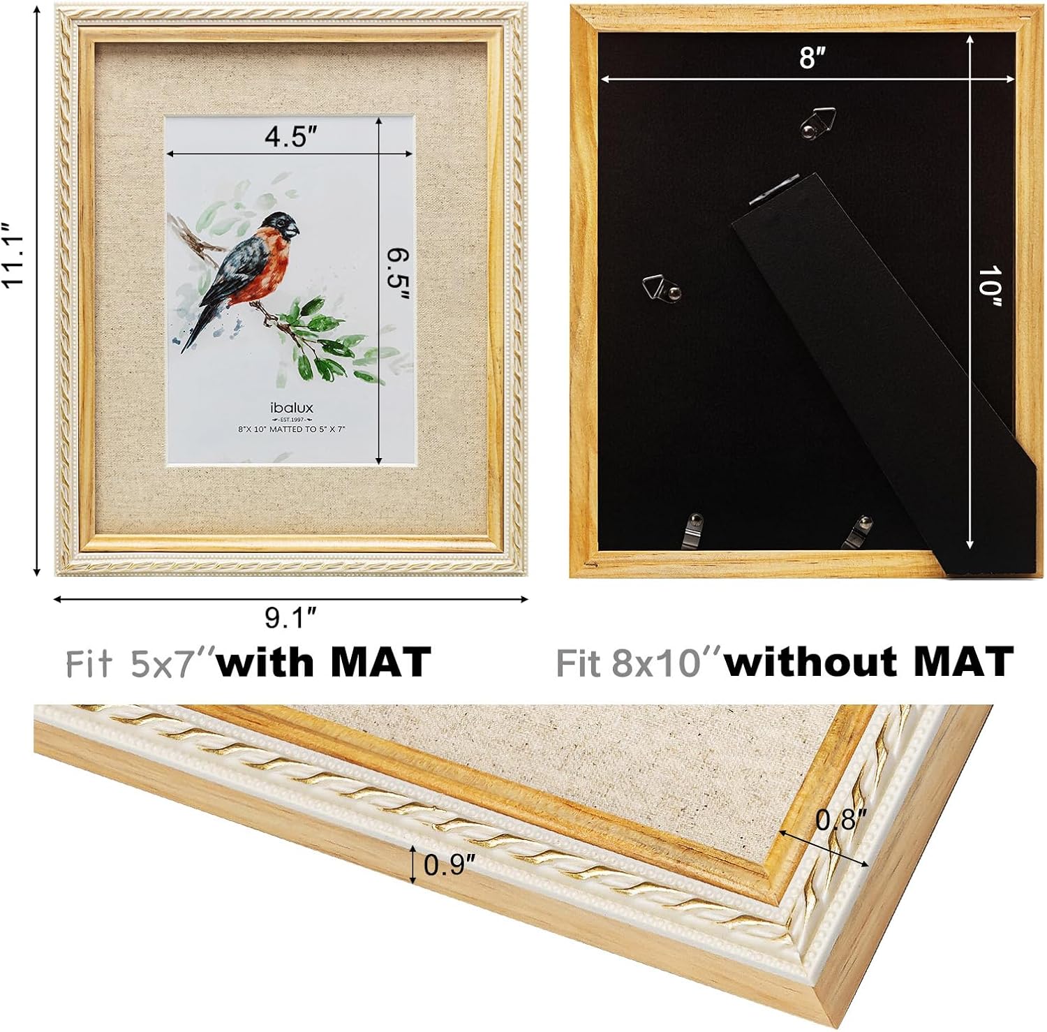 8x10 Picture Frame Pine Wood with Real Glass, Gold-Toned Synthetic Rope Edging, Linen Matted to 5x7, Vertical and Horizontal for Tabletop or Wall Hanging, Nature Brown