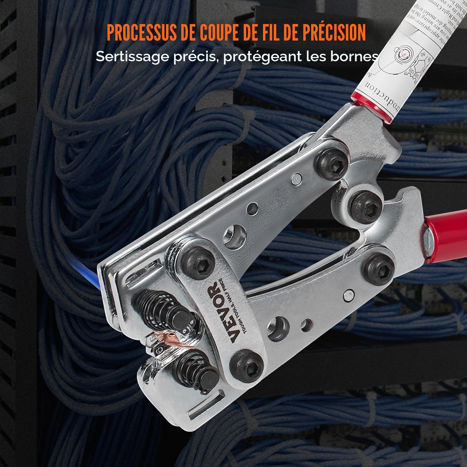 VEVOR Pince à Sertir 6/10/16/25/35/50 mm² Outil de Sertissage Cosses de Câbles Batterie Aluminium Cuivre AWG10-1/0 avec Coupe-câble 6 Tailles Sertissage 48 Connecteurs Anneau Cuivre pour Électricien